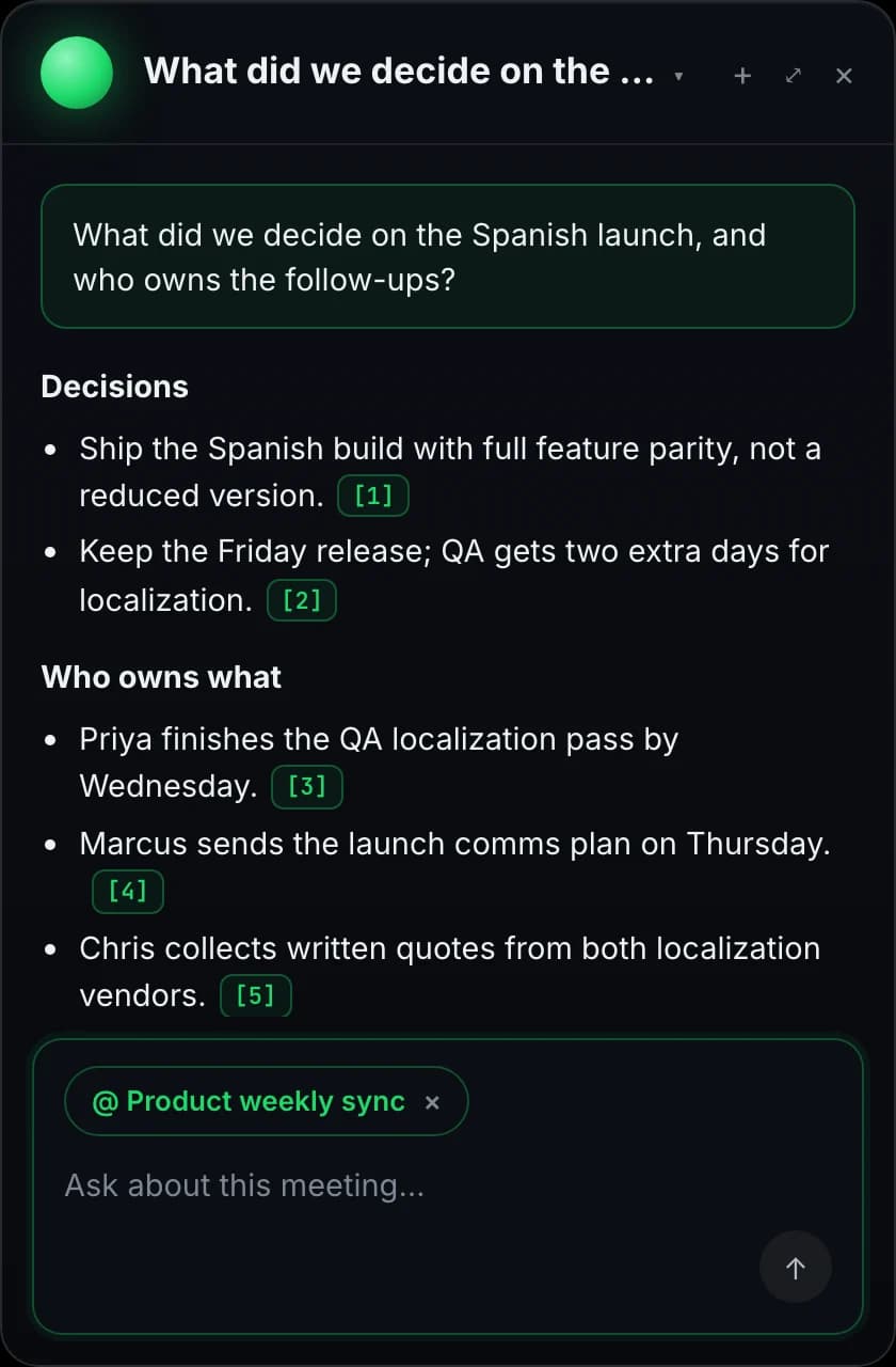 The Meetlens Ask panel answering a question about a meeting with decisions, owners and numbered source references