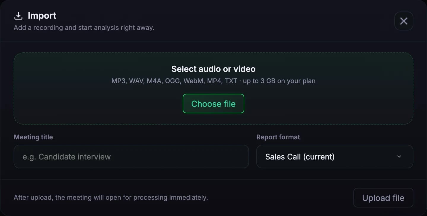 Meetlens Import dialog: drop a recording, set the meeting title and the AI report template