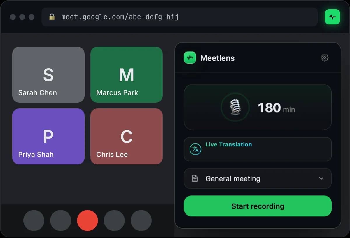 The Meetlens extension popup open over a Google Meet tab: 180 minutes available, General meeting selected, Start recording