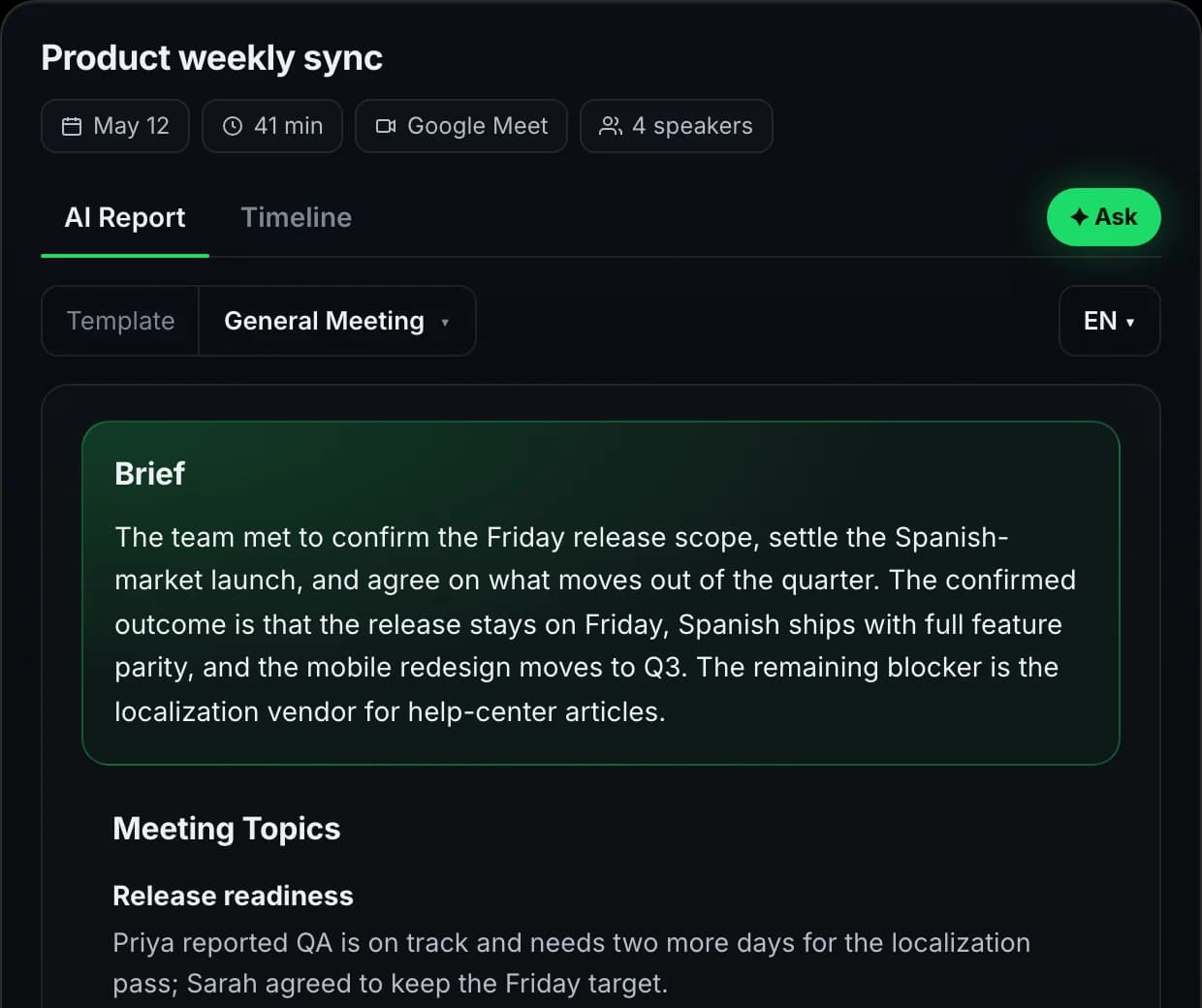 AI meeting notes generated from the transcript: brief, meeting topics and decisions
