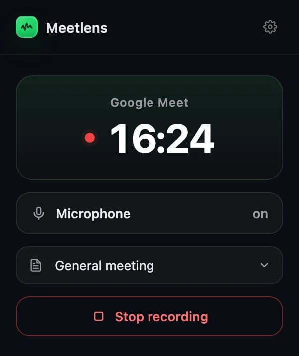 The Meetlens extension popup while recording a Google Meet call