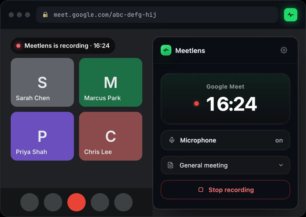 A Google Meet call in Chrome with the Meetlens extension popup recording: timer 16:24, microphone on, General meeting report type, Stop recording