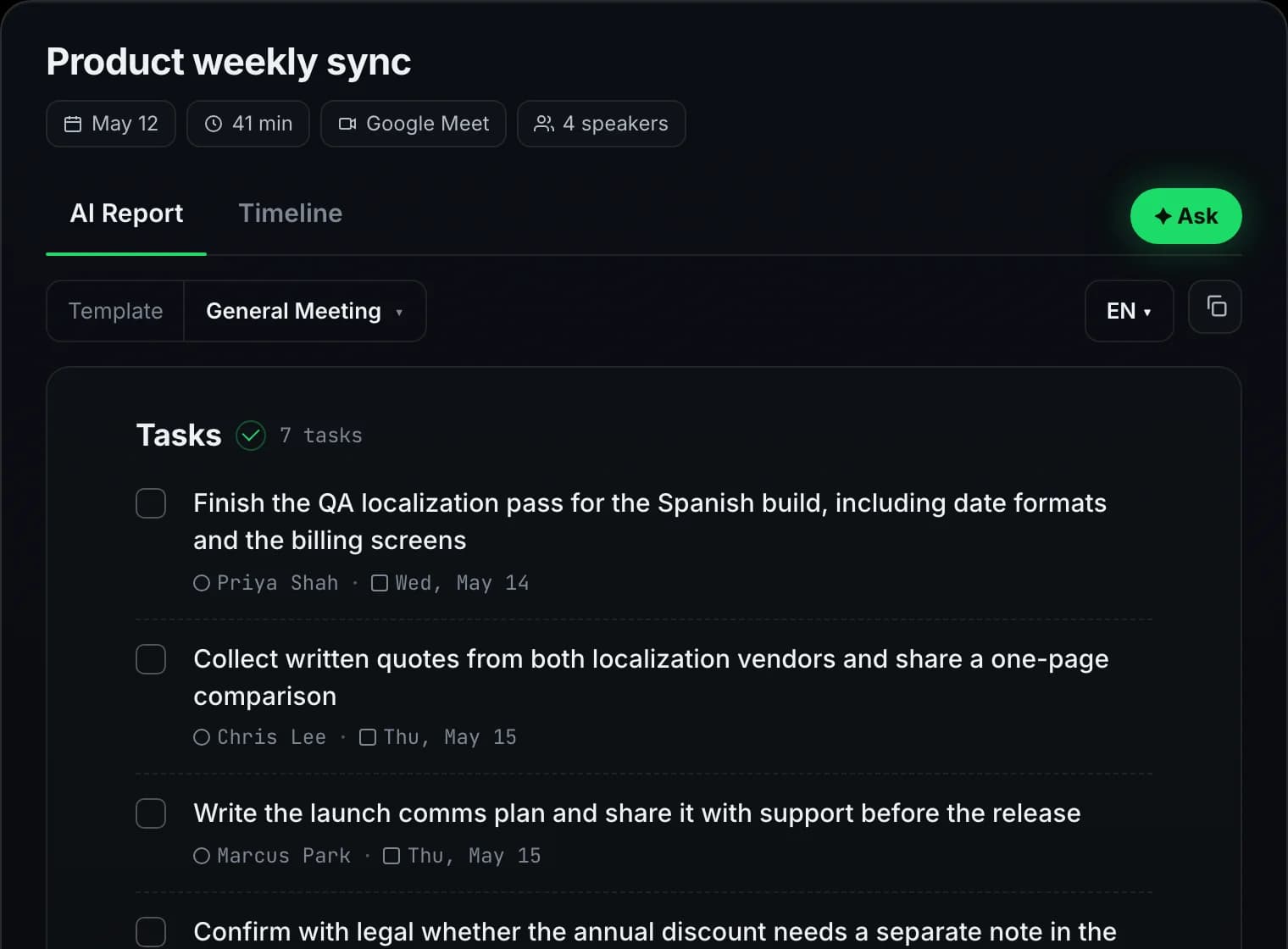 Tasks section inside the AI report with seven tasks, each with an assignee and a deadline