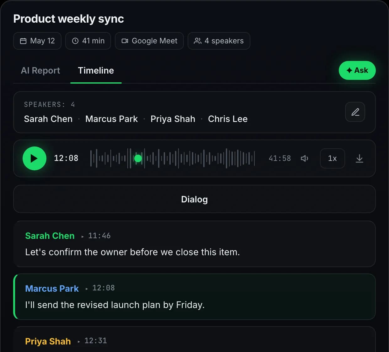 A Meetlens transcript with four named speakers, timestamps and the audio player