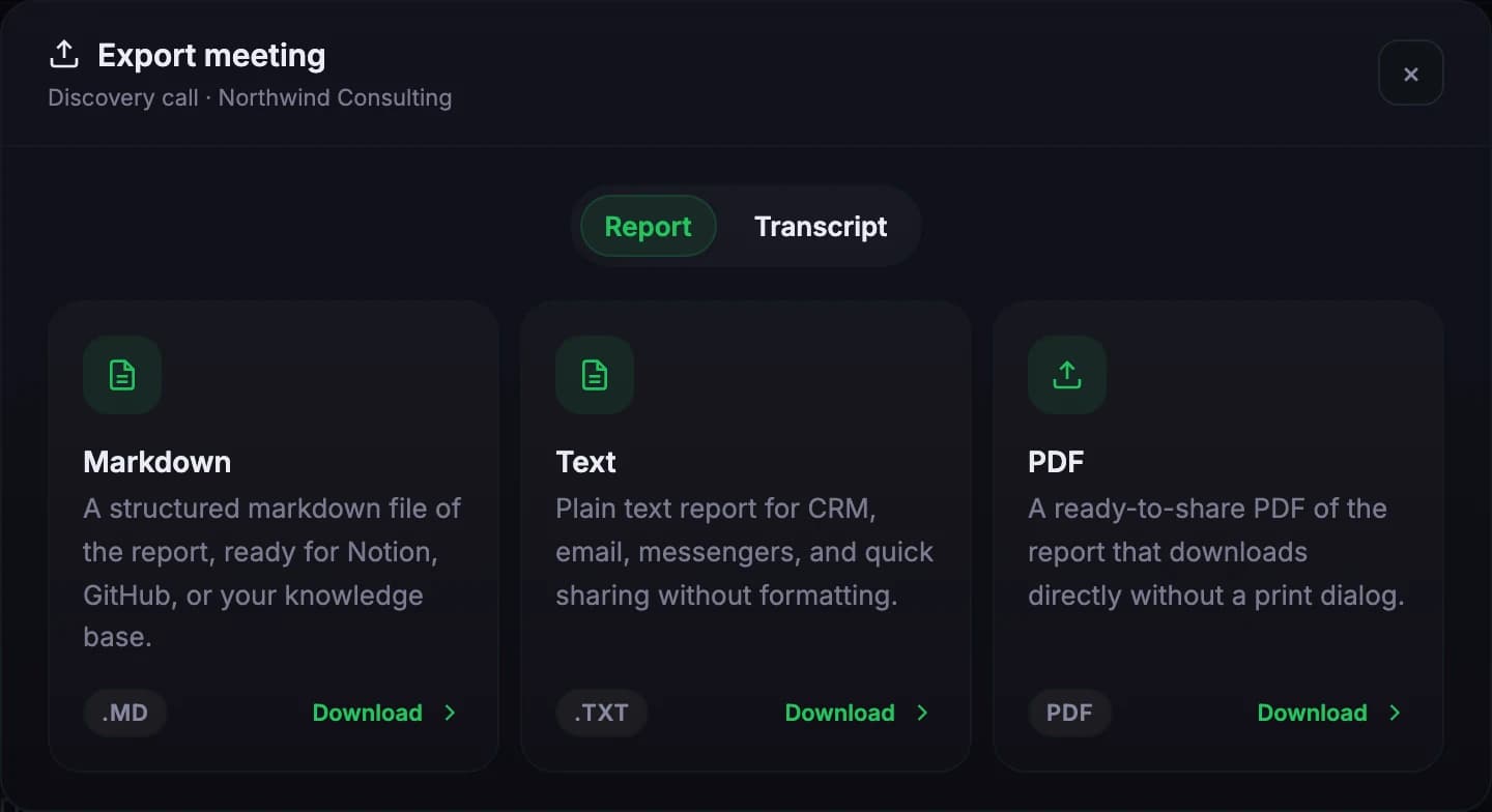 Meetlens Export meeting dialog: Report or Transcript switch and Markdown, plain text and PDF formats