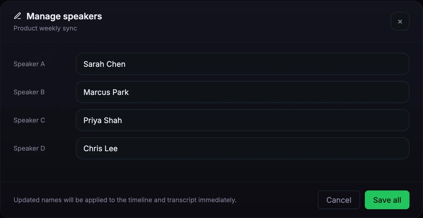 The Meetlens Manage speakers dialog with four speakers renamed to Sarah Chen, Marcus Park, Priya Shah and Chris Lee