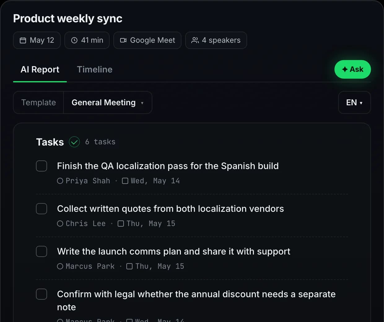 Tasks section of the AI report