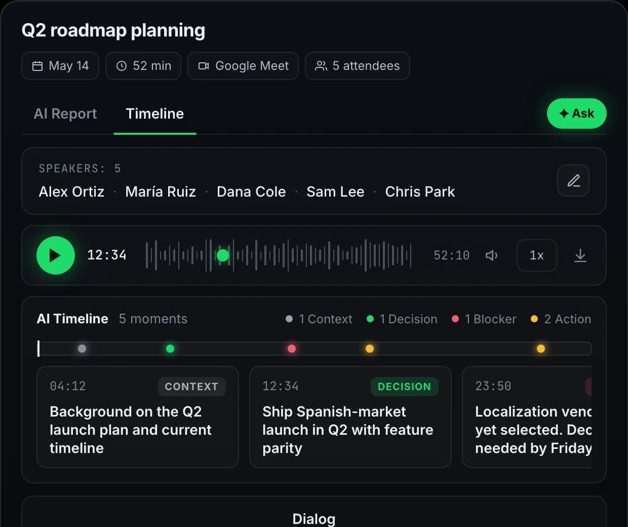 Meetlens Timeline view: speakers, audio player, AI timeline with decision, blocker and action moments