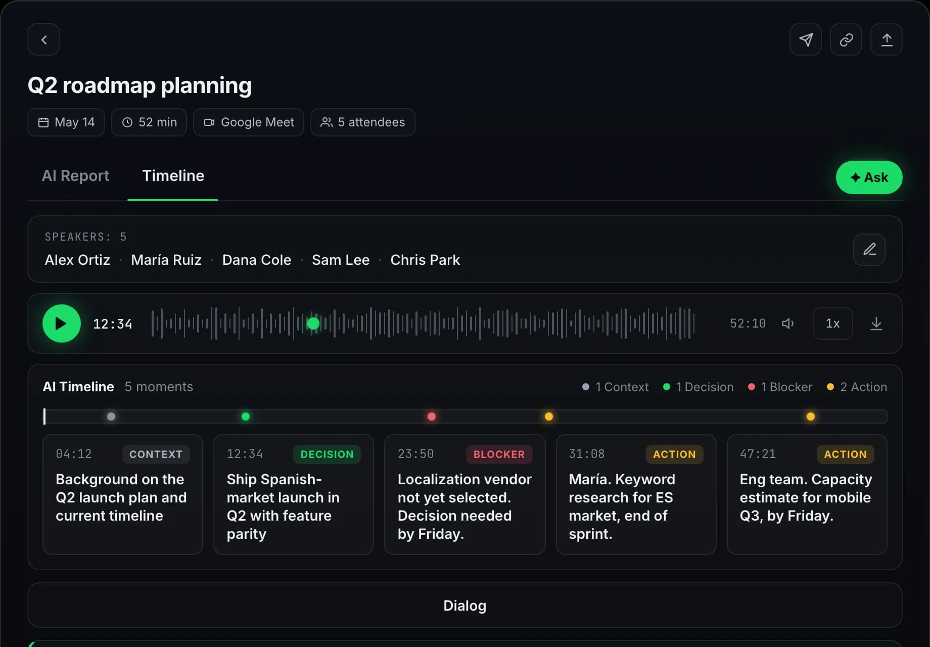 AI timeline inside a Meetlens meeting: seven colour-coded moments on the track, clickable moment cards, and the dialog below