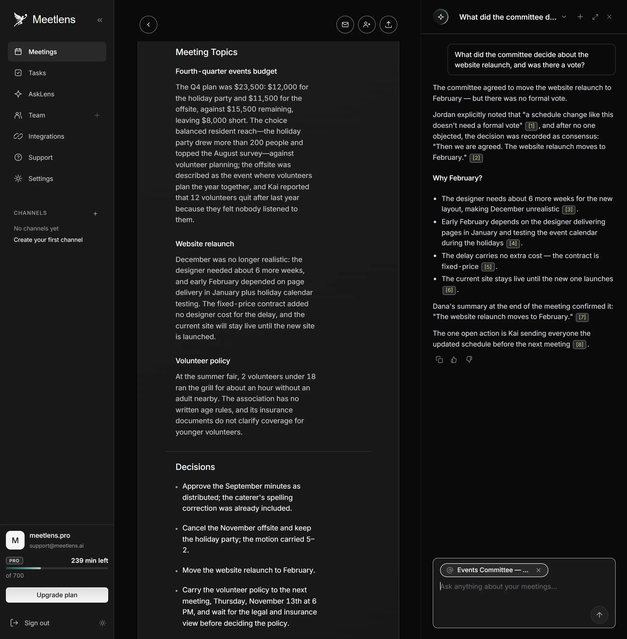 Meetlens report and a chat answer built from a single committee recording