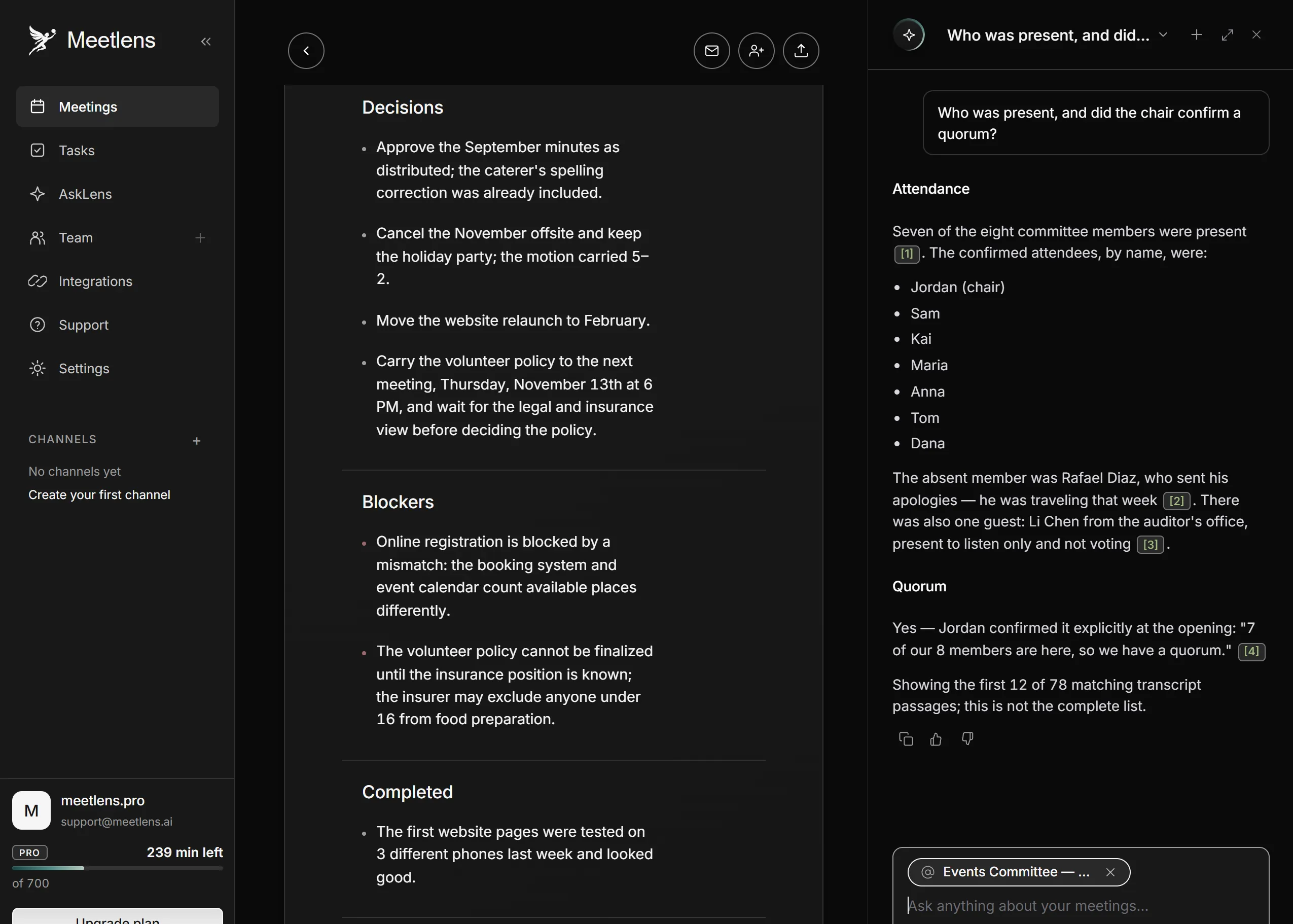 Meetlens draft with decisions, plus a chat answer on attendance and quorum