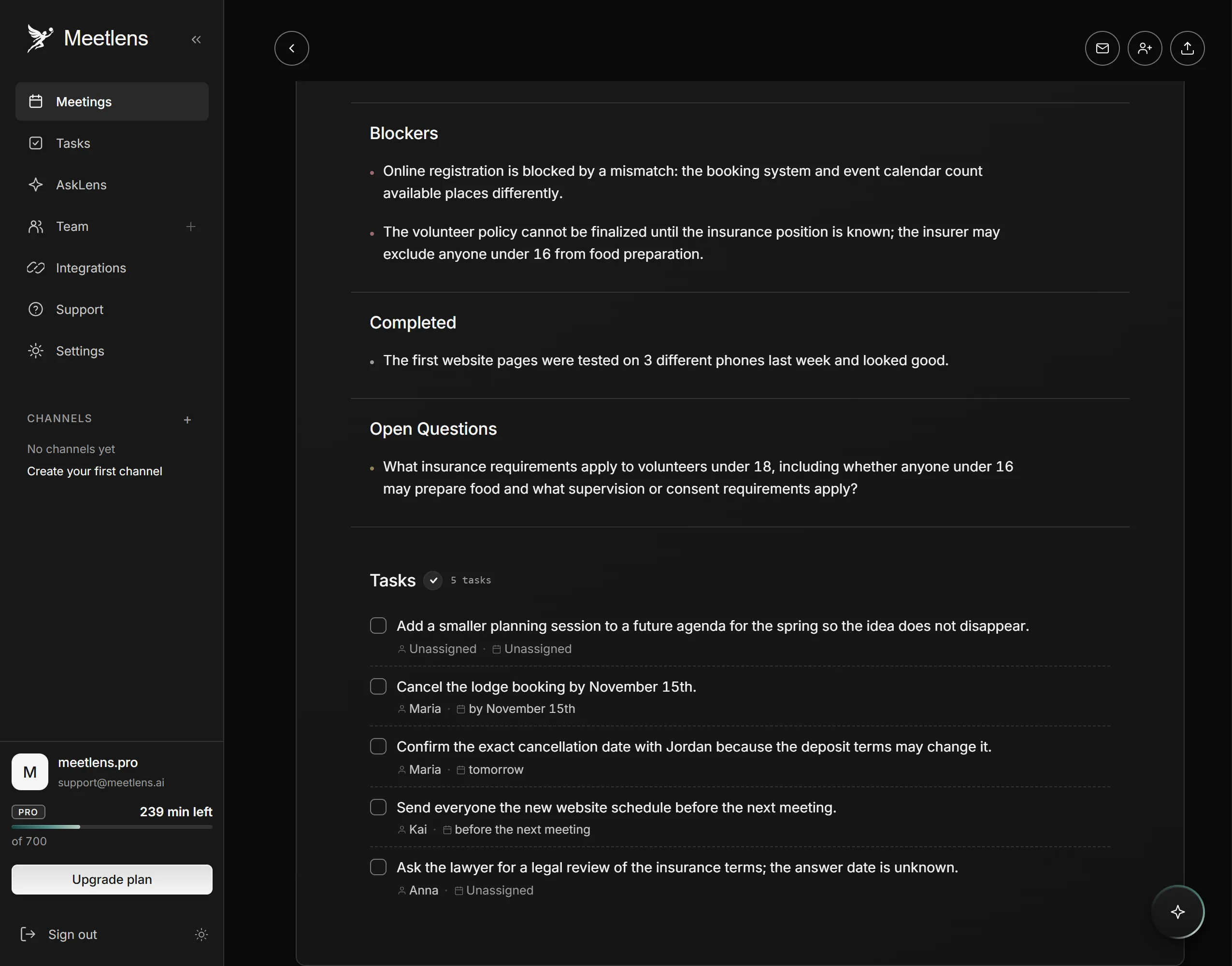 Meetlens report listing owners and due dates for each task