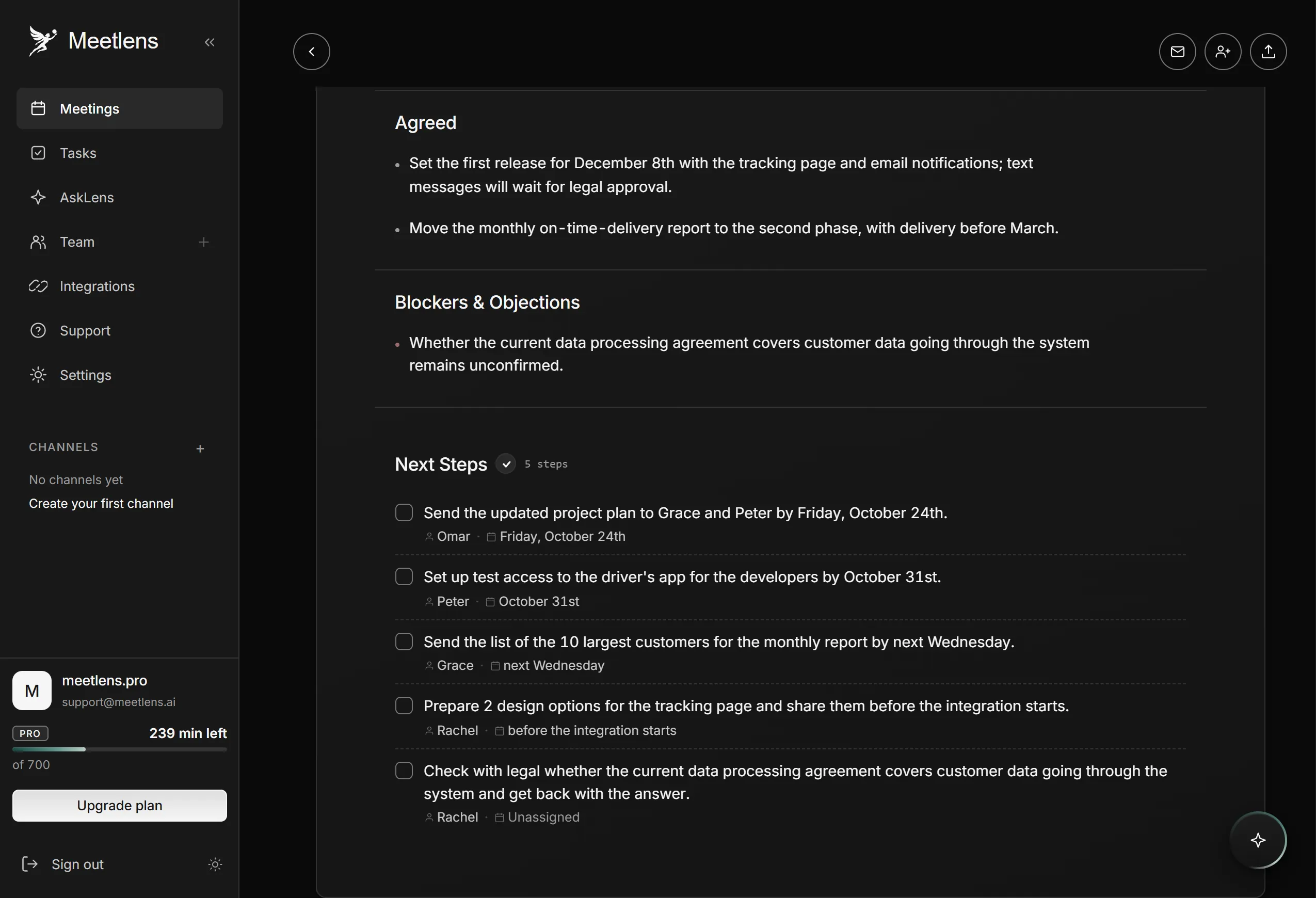 Meetlens Client Meeting report with what was agreed and next steps with owners and dates