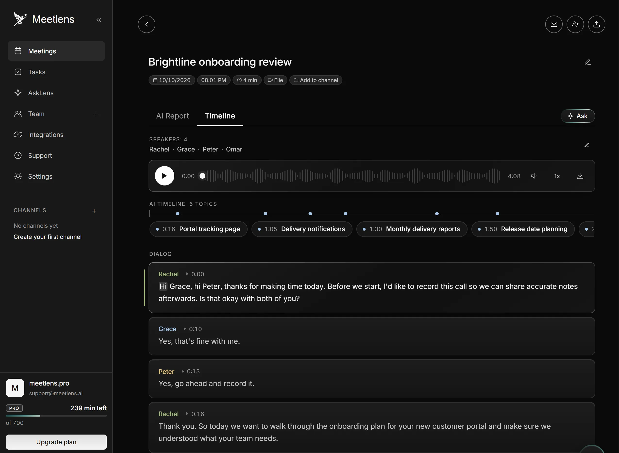 Meetlens transcript of a client call with speaker names and timestamps