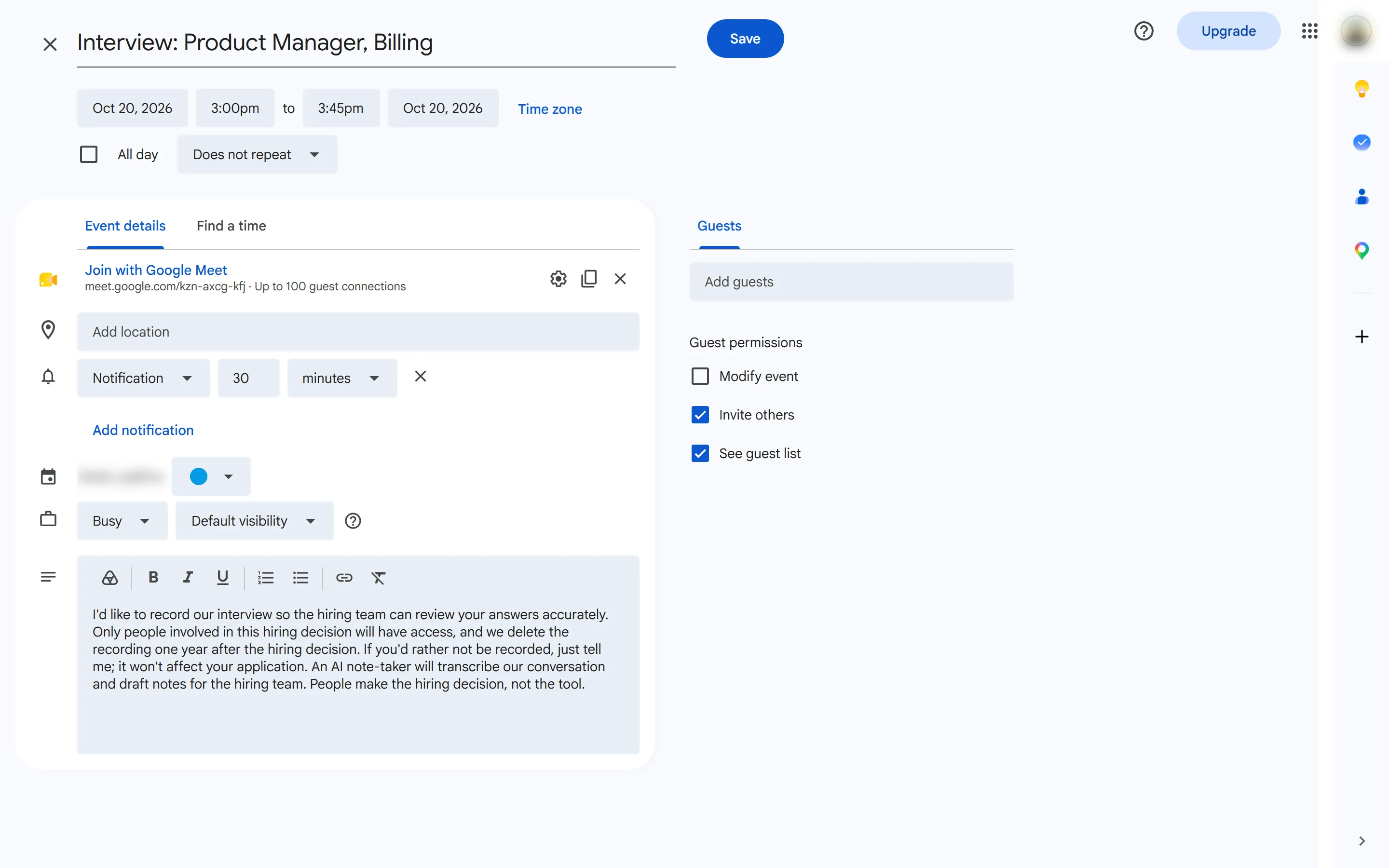 calendar invitation line telling an applicant the hiring call will be captured
