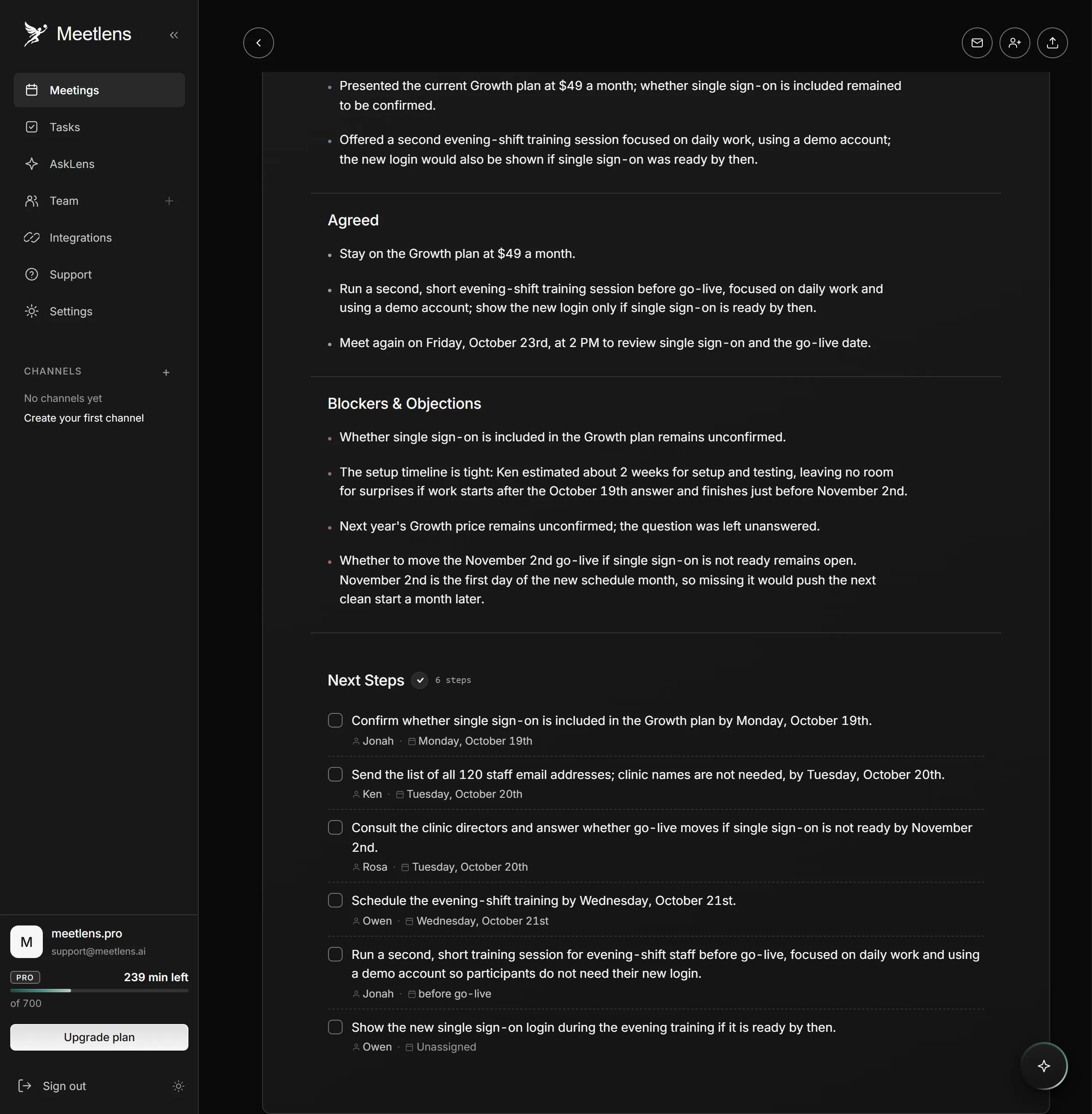 Meetlens Client Meeting report with what was agreed and next steps