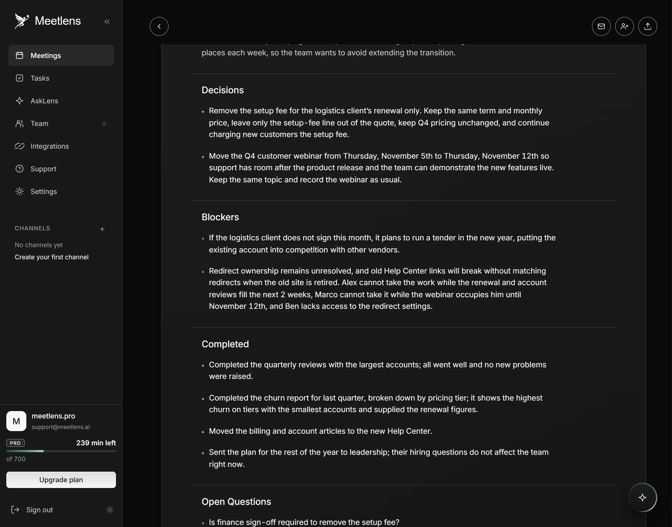 Meetlens report with Decisions, Blockers and Completed generated from an imported meeting recording