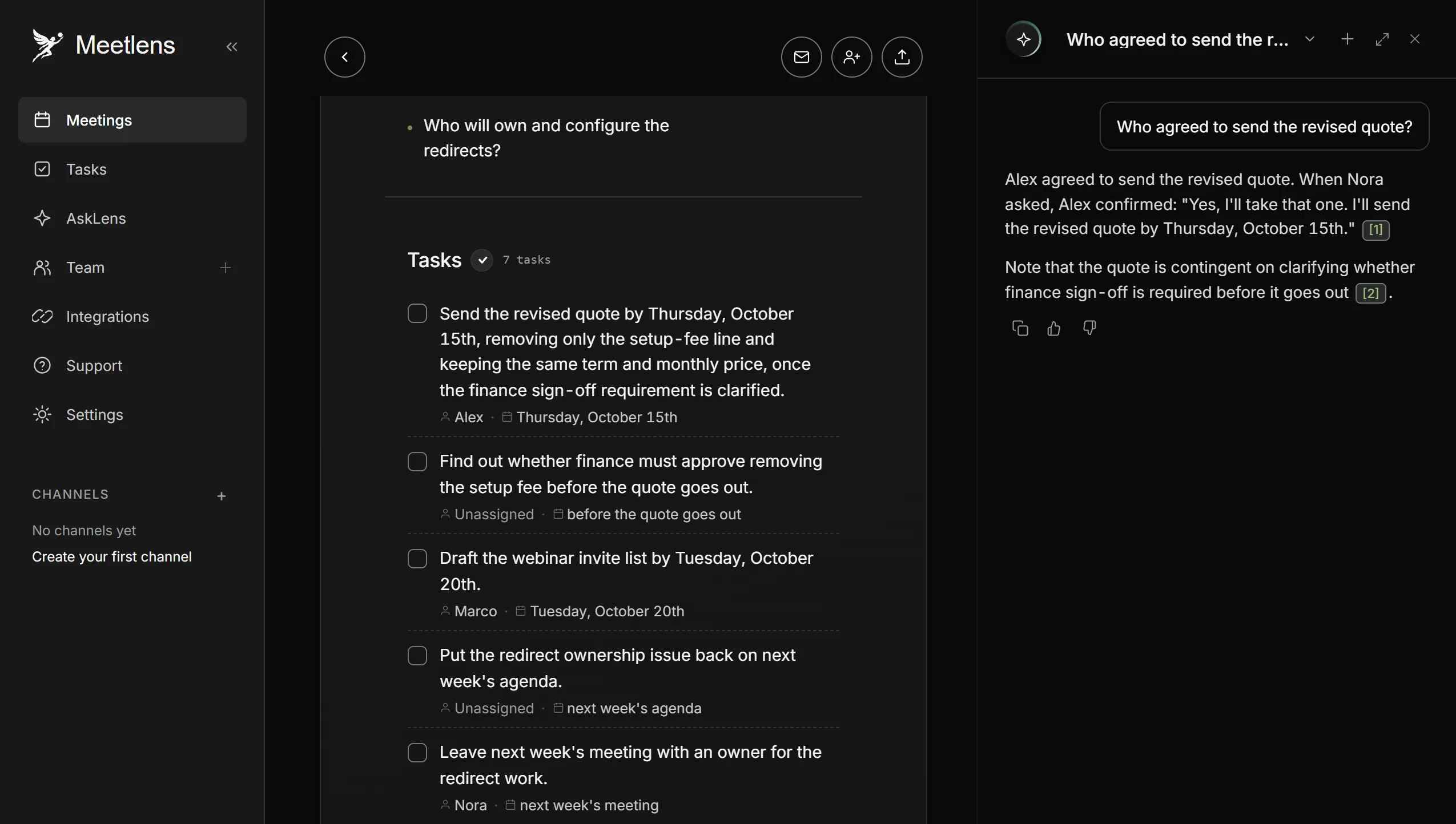Draft action items compared with the transcript