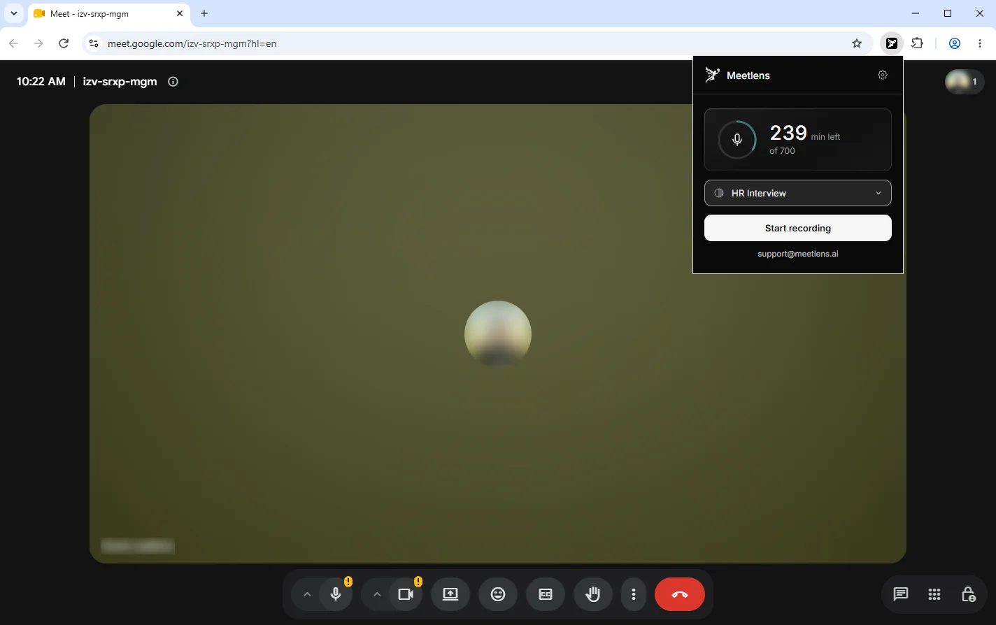 Meetlens Chrome extension ready to record a Google Meet call from a browser tab