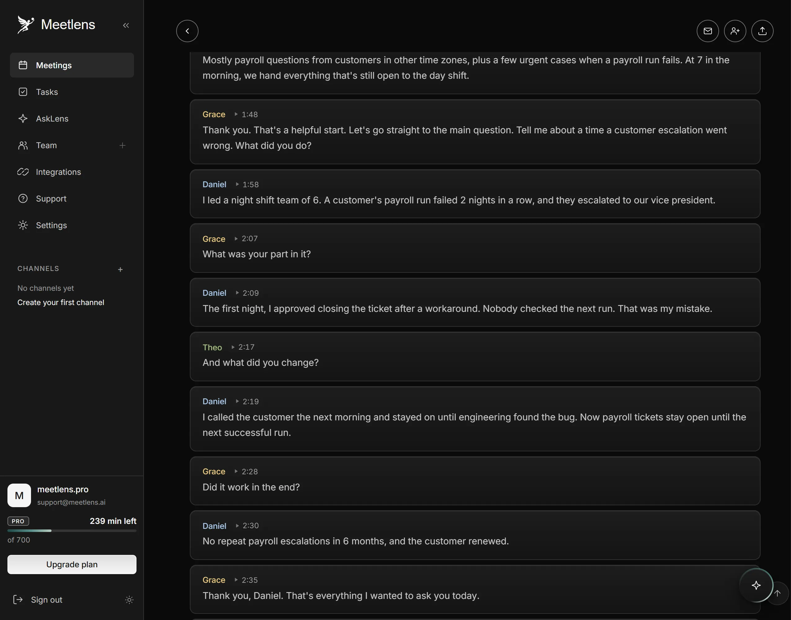 Hiring interview turns with speaker names and timestamps in the Meetlens transcript