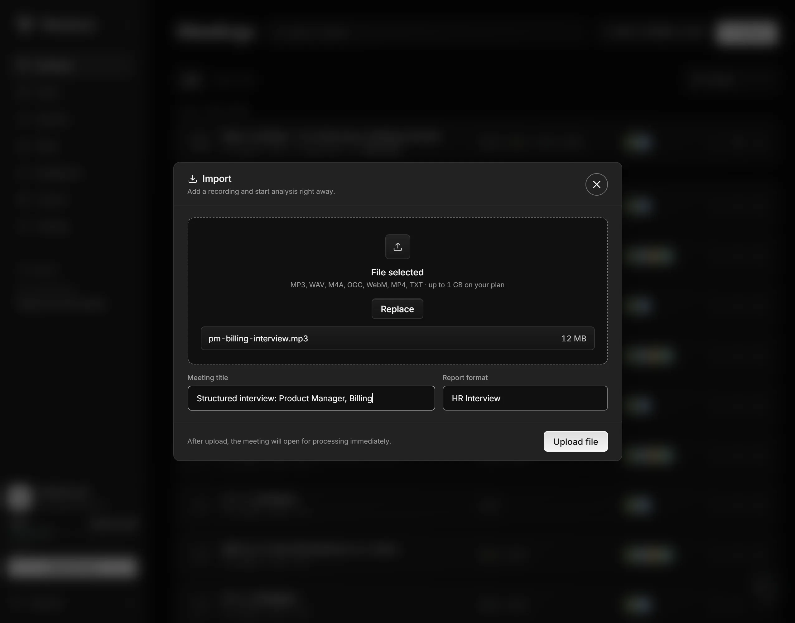 importing an interview audio file into Meetlens