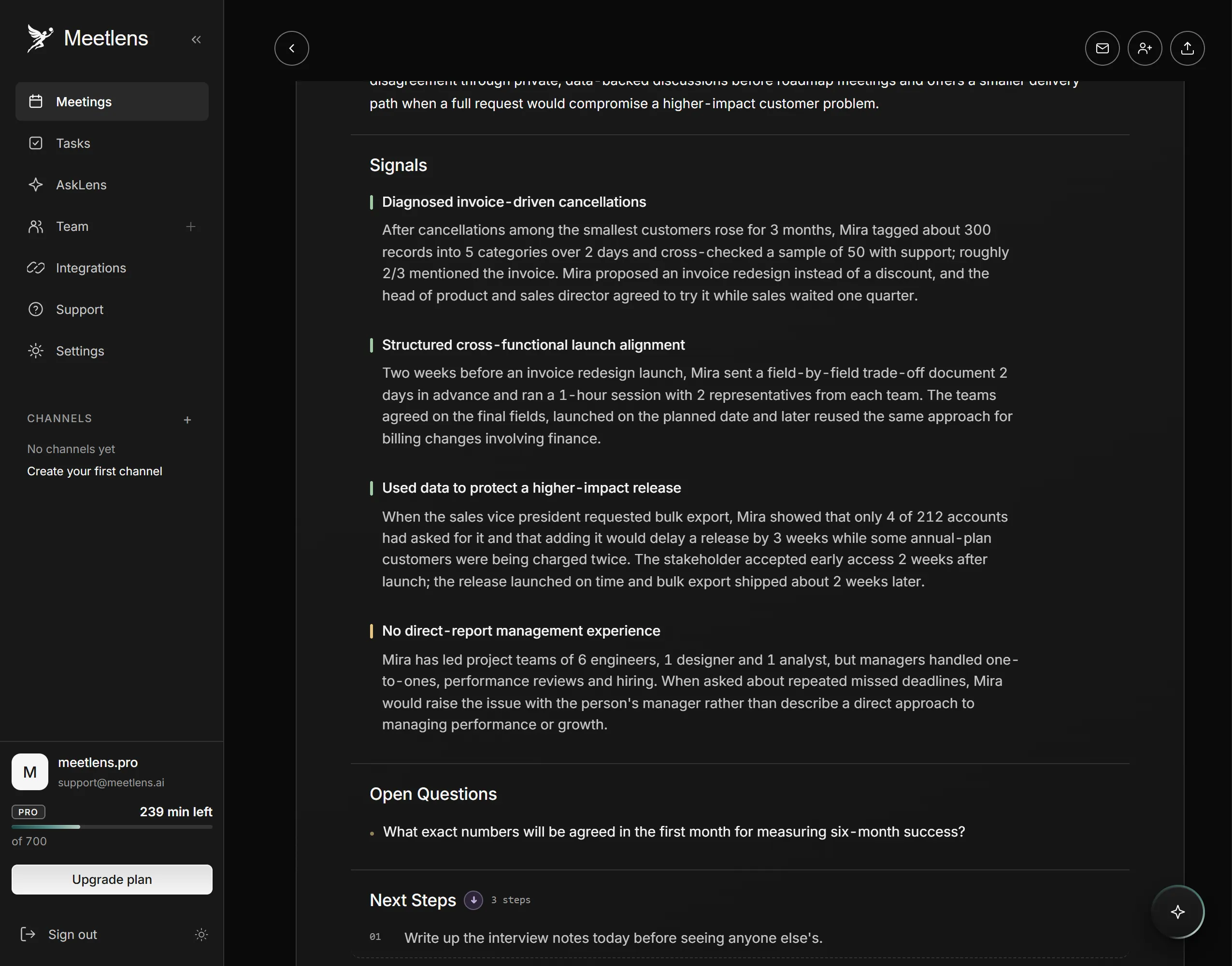 Meetlens report with signals from an imported hiring interview recording