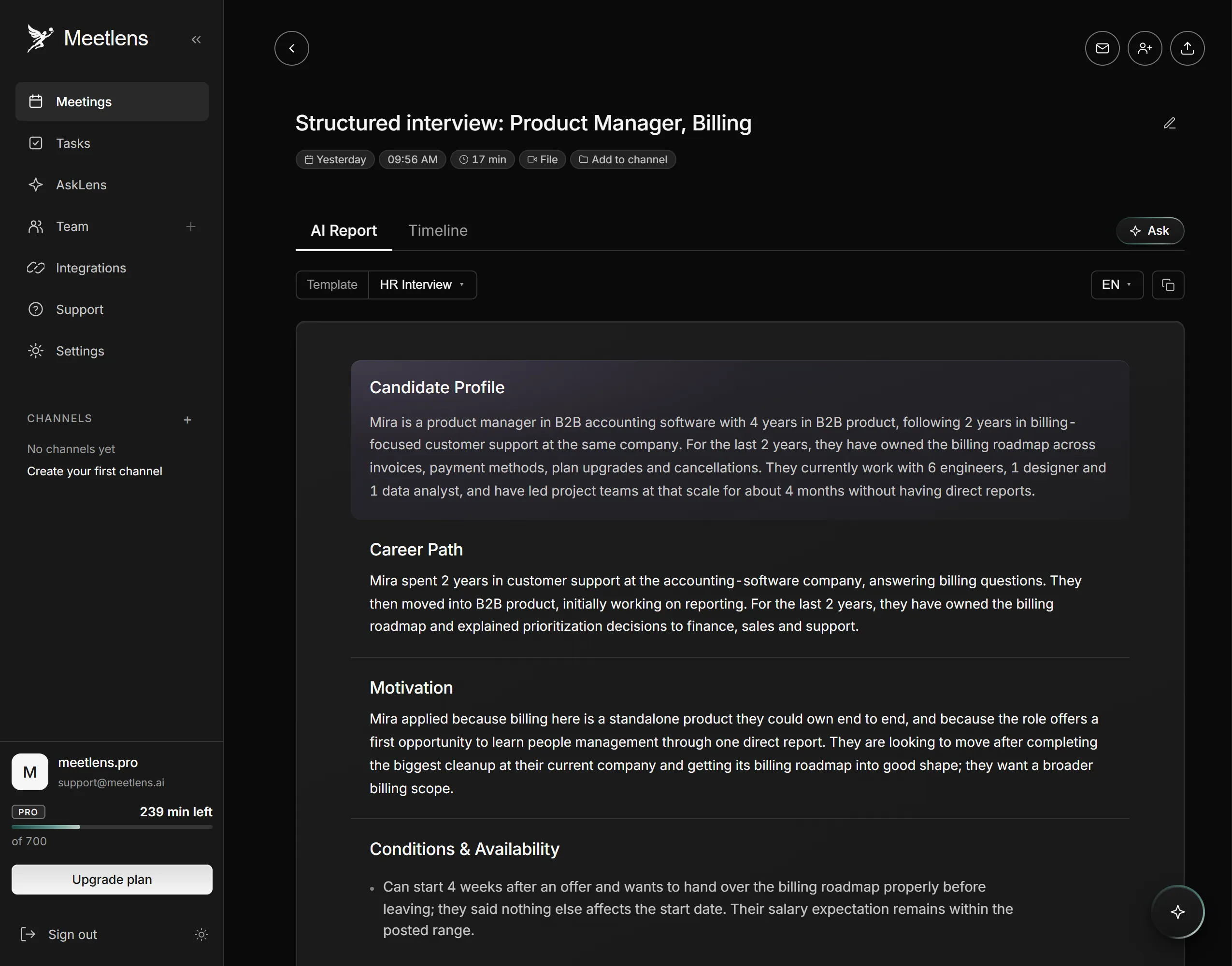 applicant conversation organized into sections for the hiring panel in Meetlens