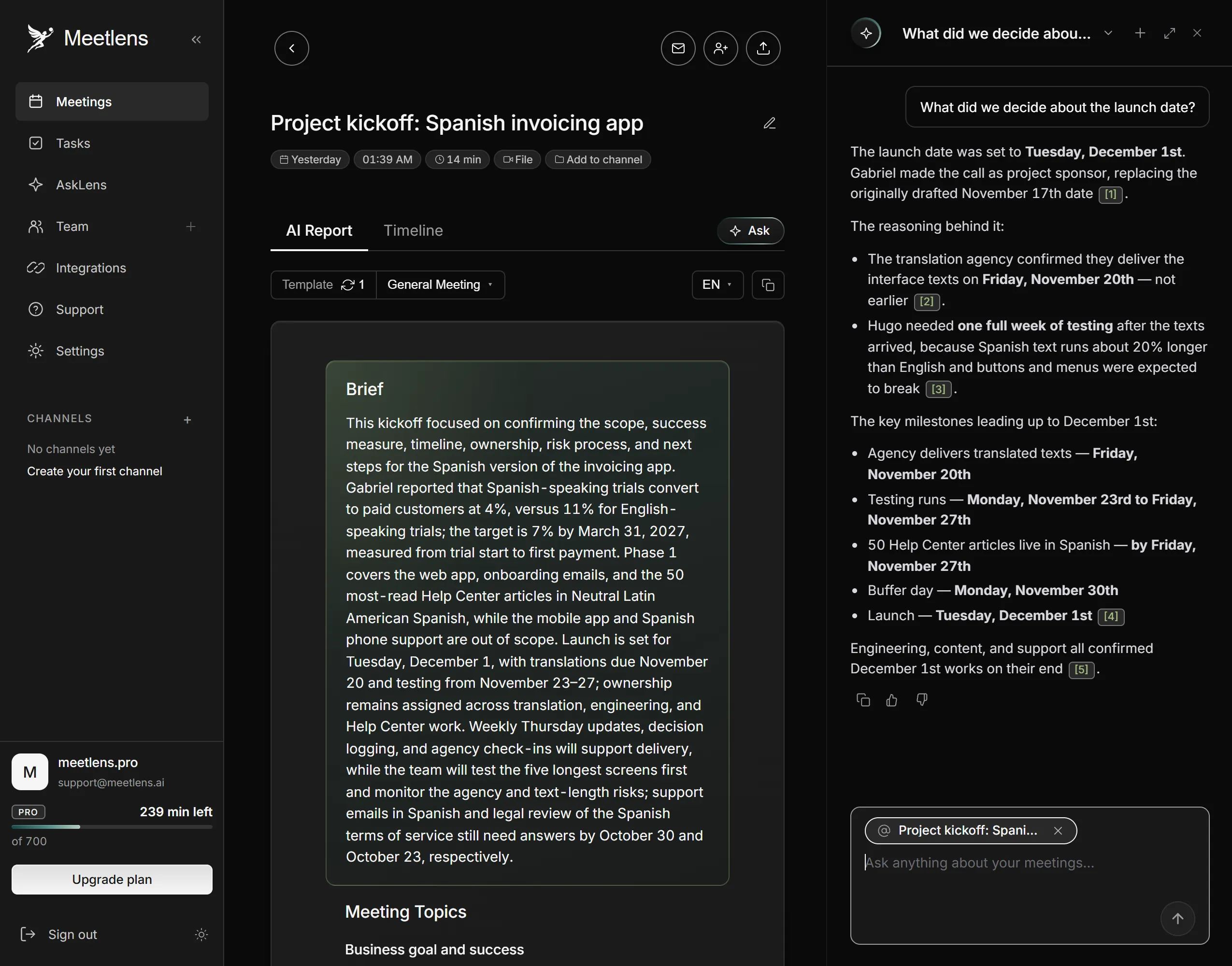 Meetlens chat answer about a decision, with transcript sources