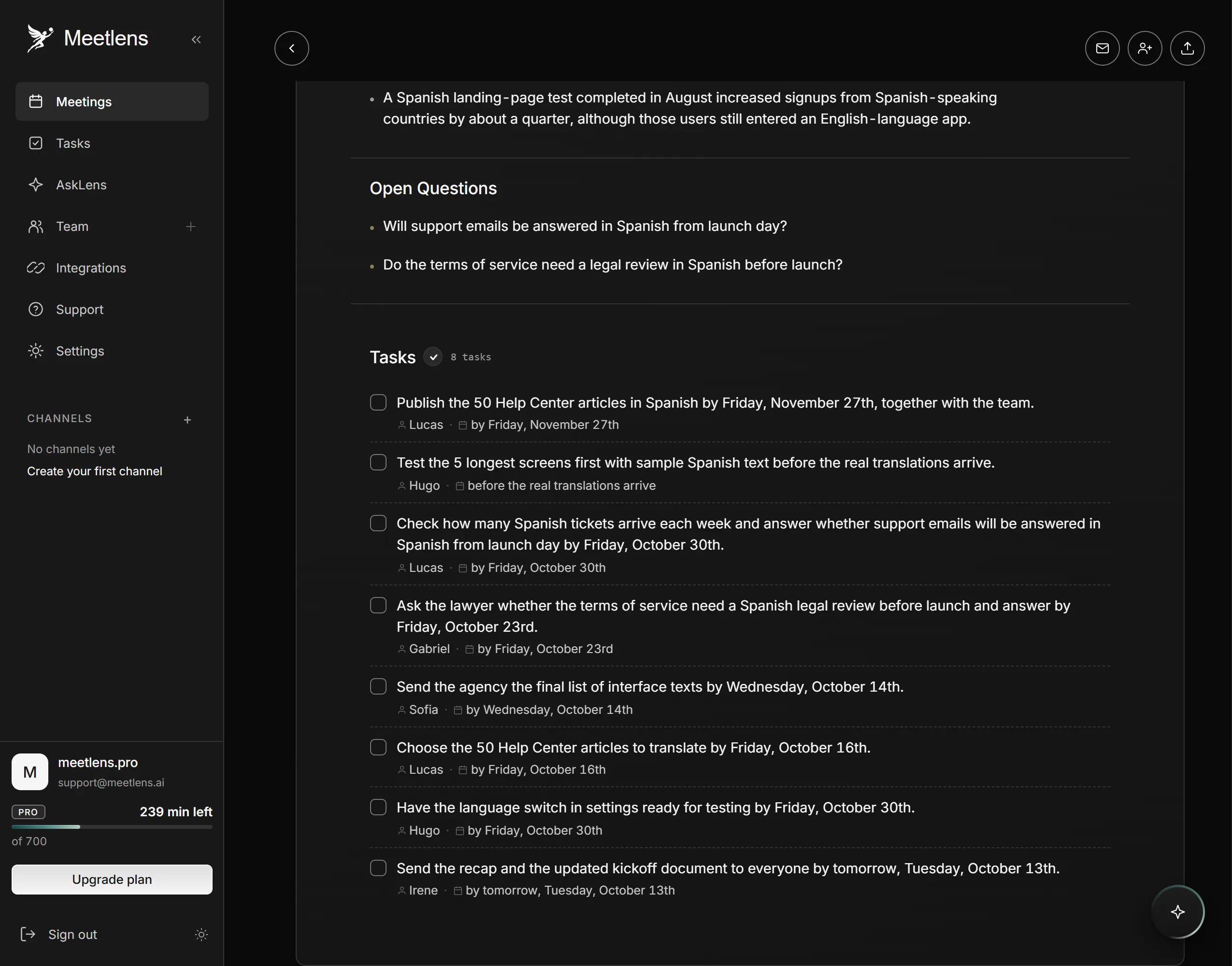 AI call report section with responsible people and deadlines
