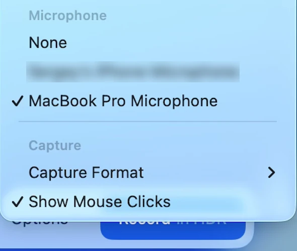 Microphone section of the macOS Screenshot Options menu