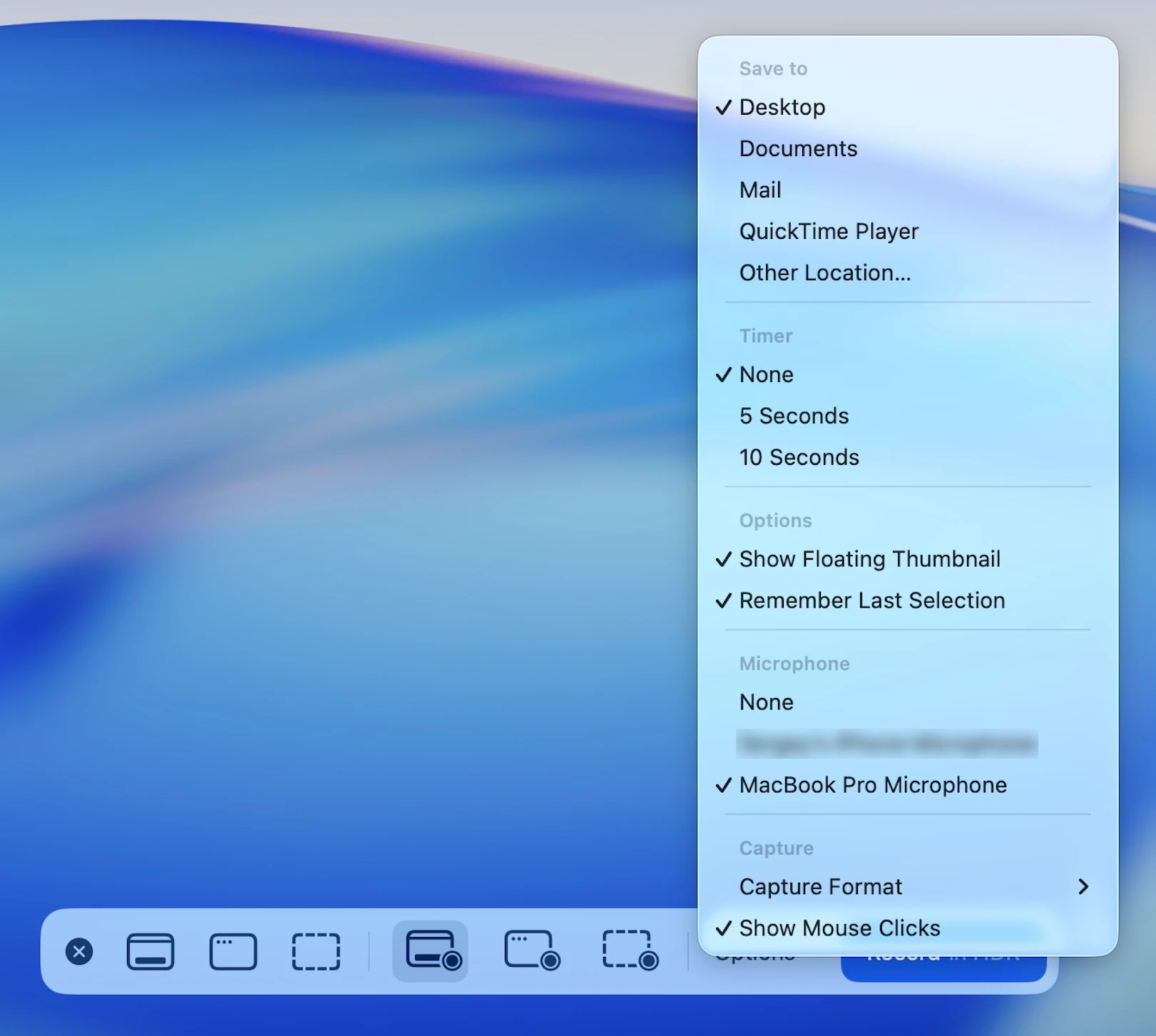macOS Screenshot toolbar with the Options menu open: Save to, Timer, Options, Microphone with MacBook Pro Microphone checked, Capture with Show Mouse Clicks