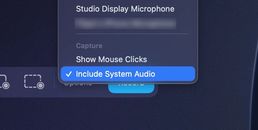 Bottom of the Options menu in macOS 27 with Include System Audio checked