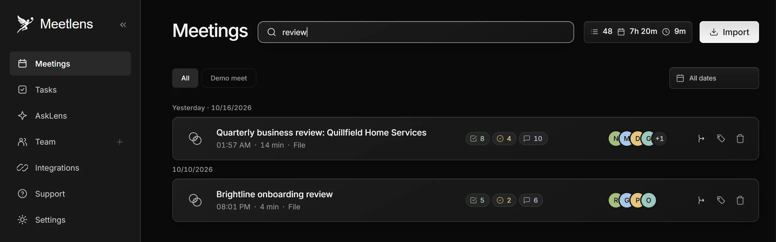 Meetlens meeting list filtered by a title search