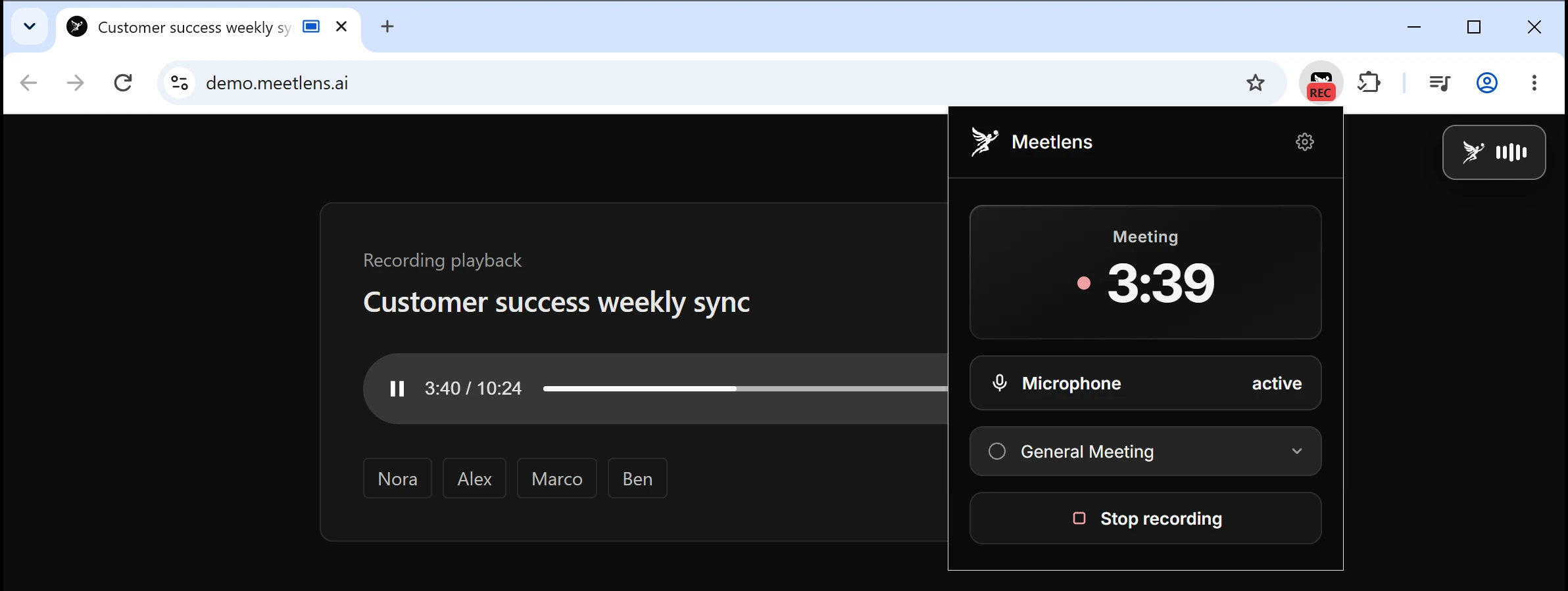 Browser window with the Meetlens popup showing a timer and the microphone on