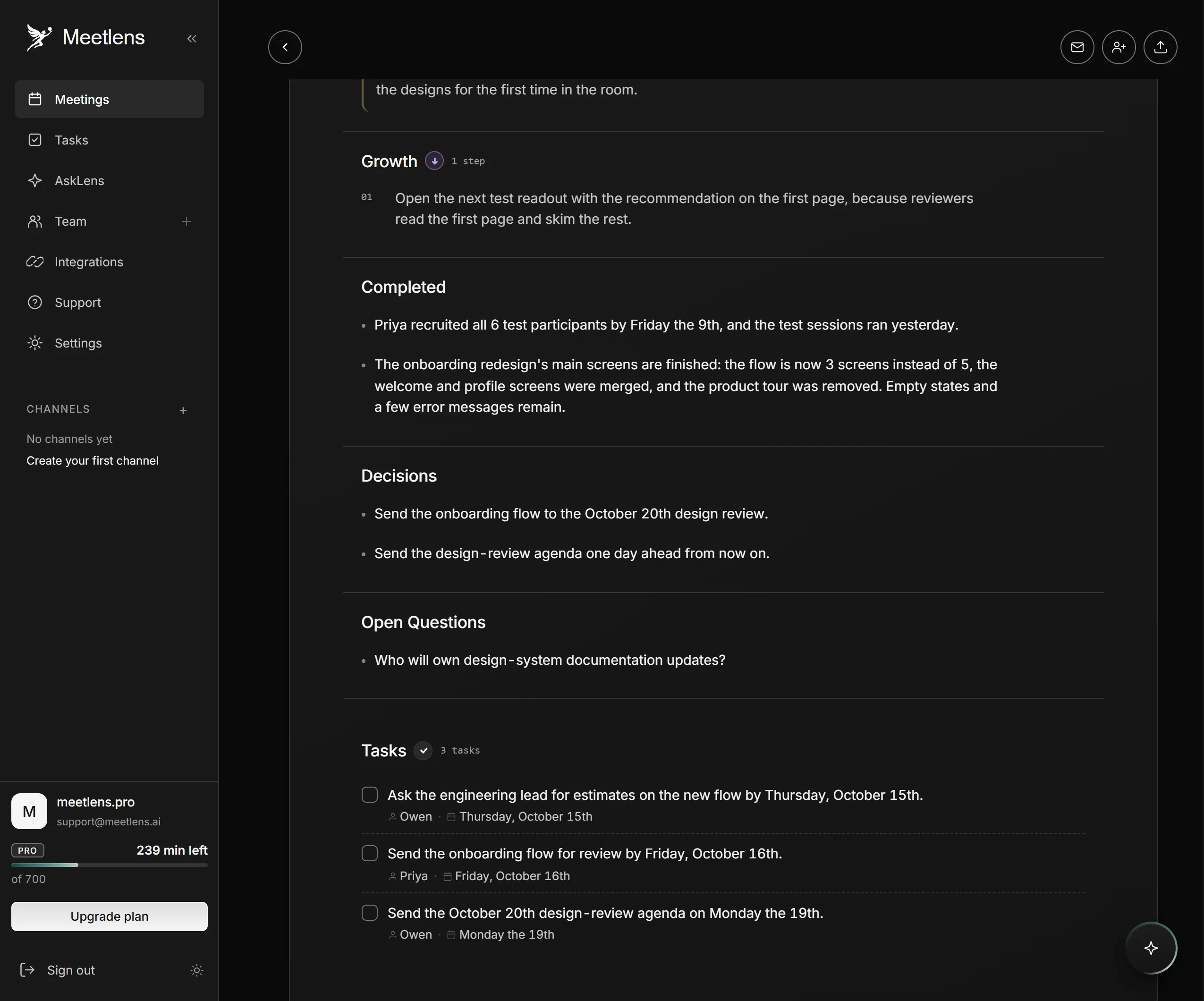 Meetlens report for a manager and direct report check-in with decisions and tasks