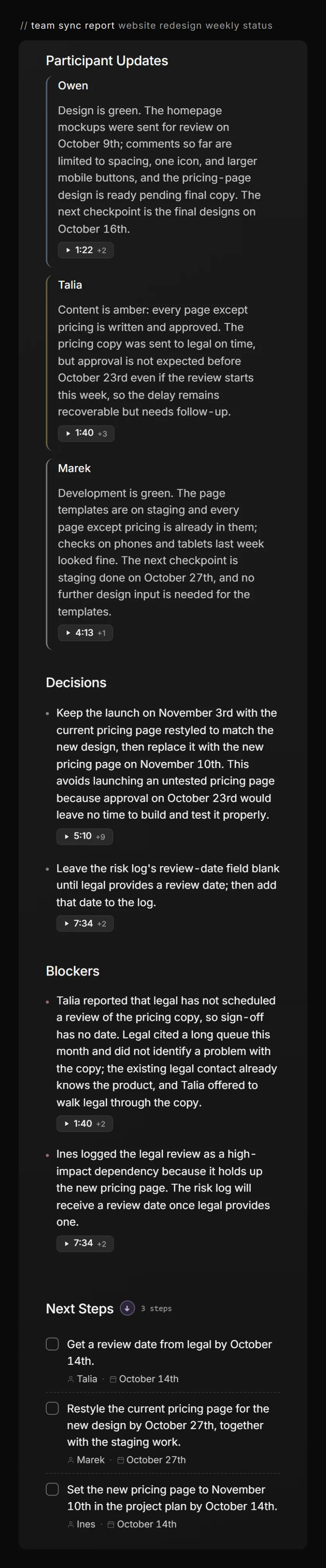 Team Sync report sections placed beside the weekly layout