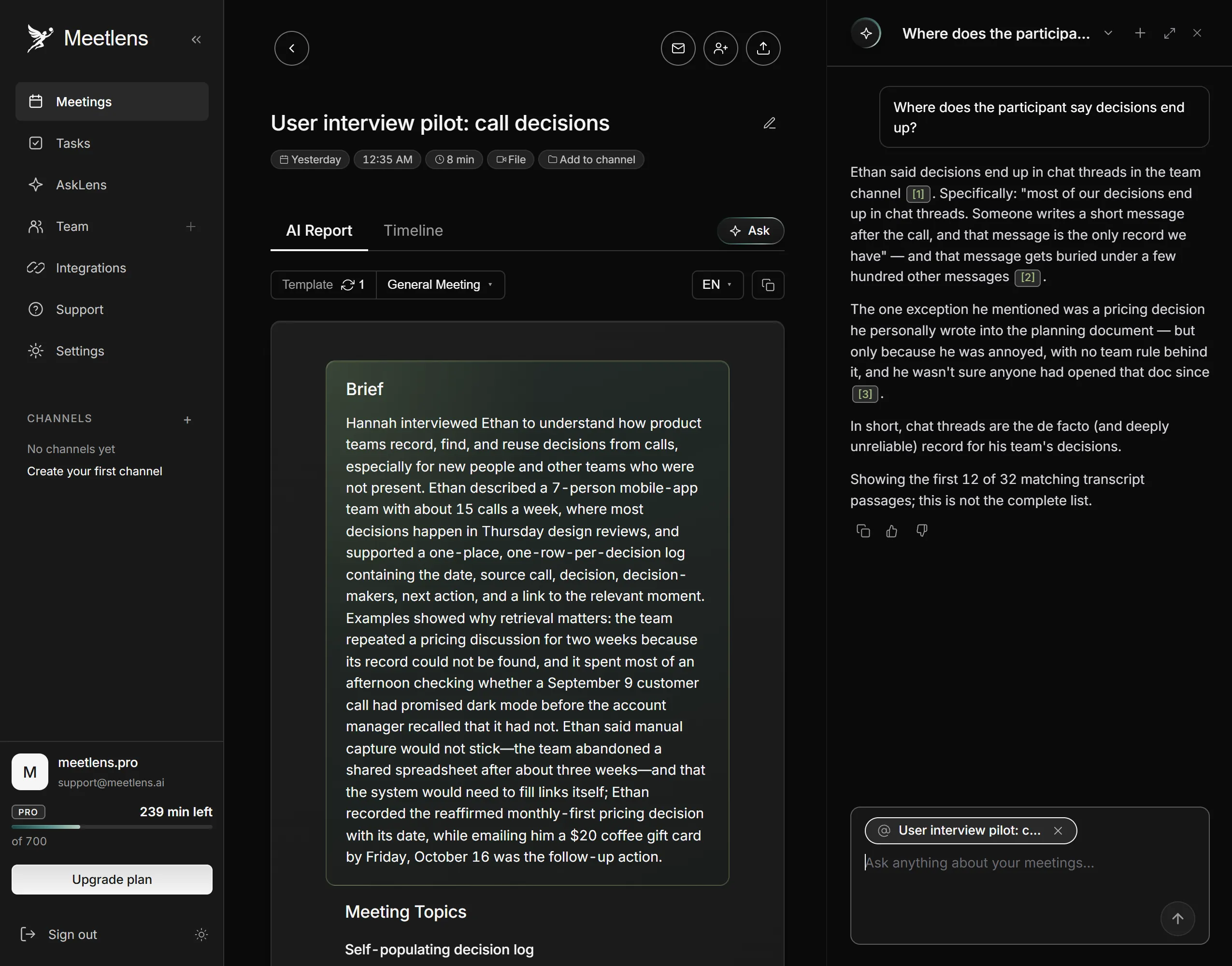 Meetlens report of a user research session with the AI chat answer