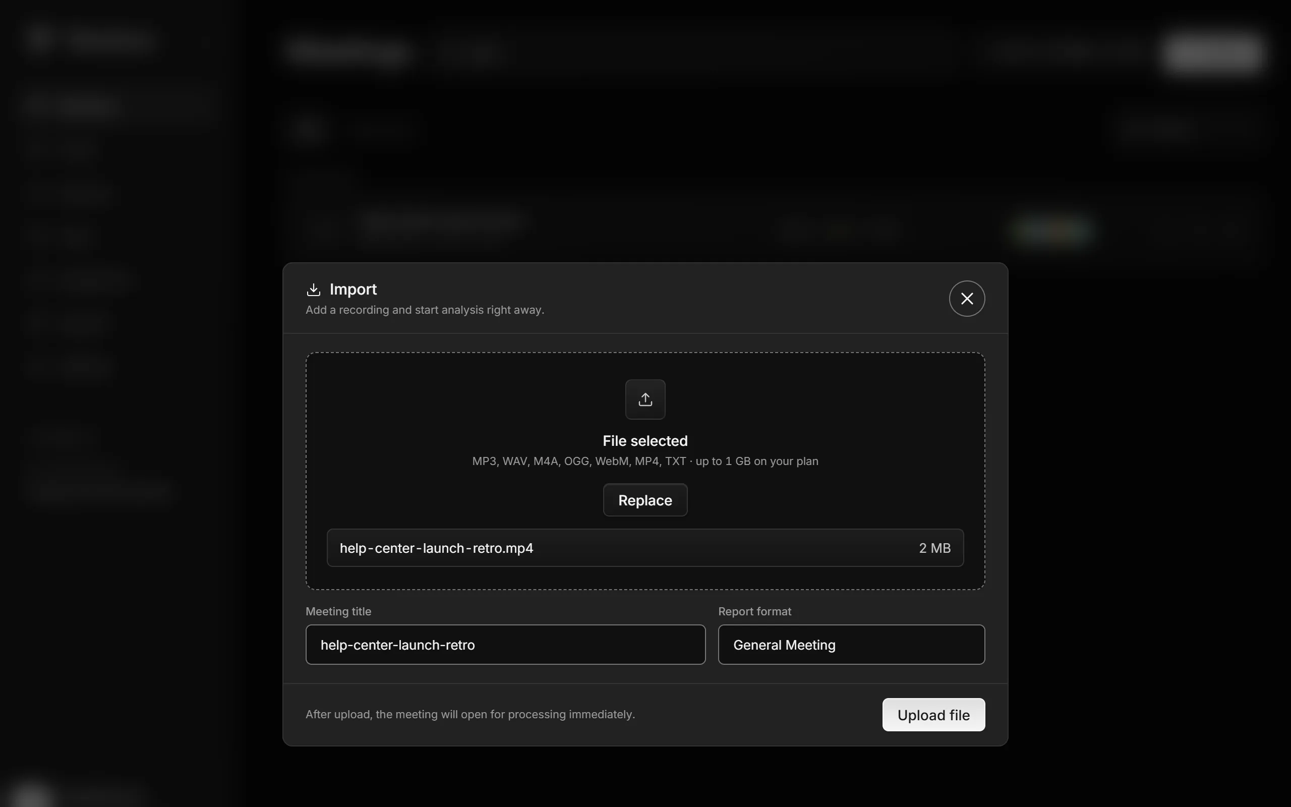Meetlens Import window with an MP4 file and the General Meeting format selected