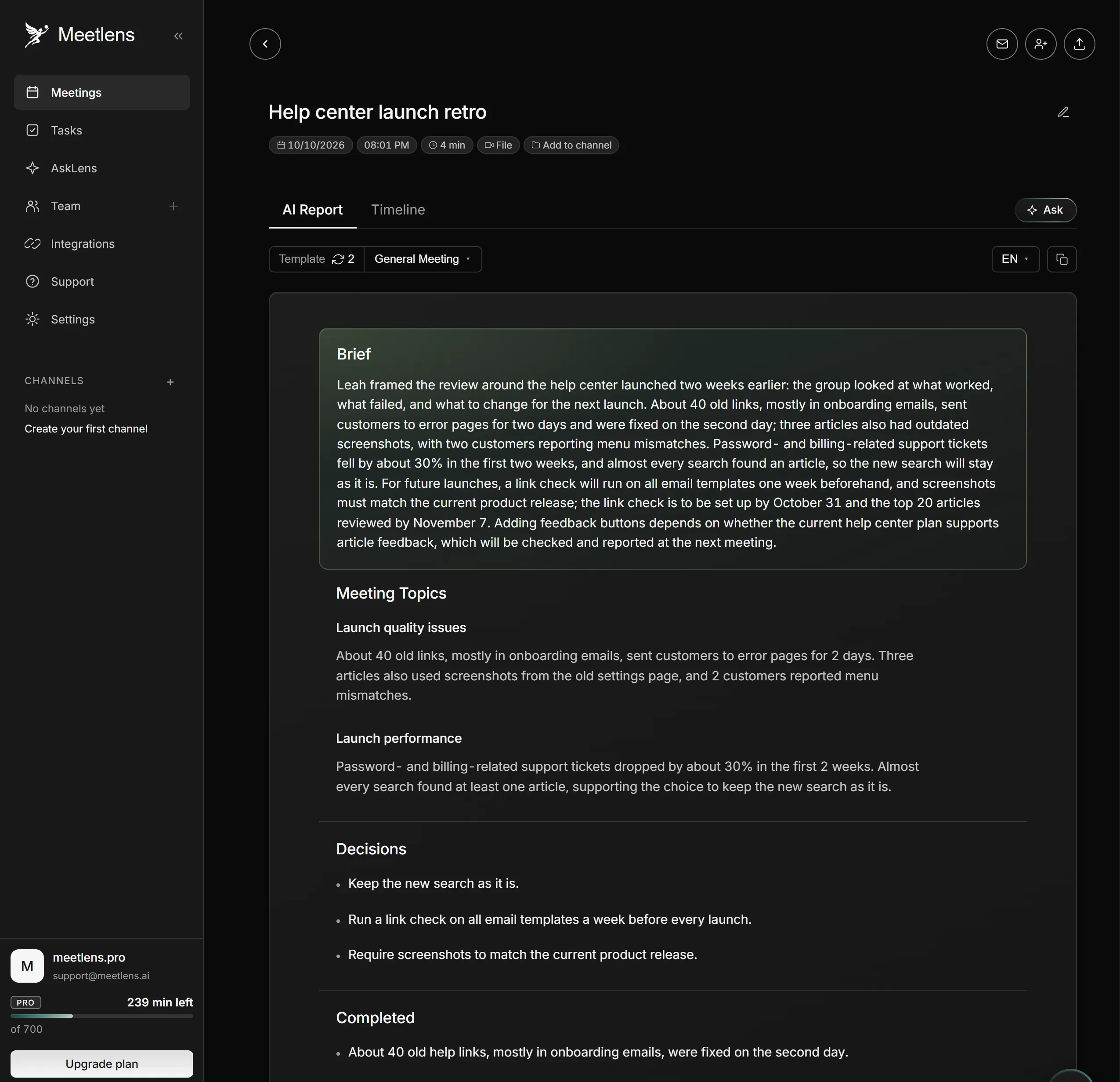 General Meeting report built from the imported MP4, with Brief, Meeting Topics, Decisions and Completed