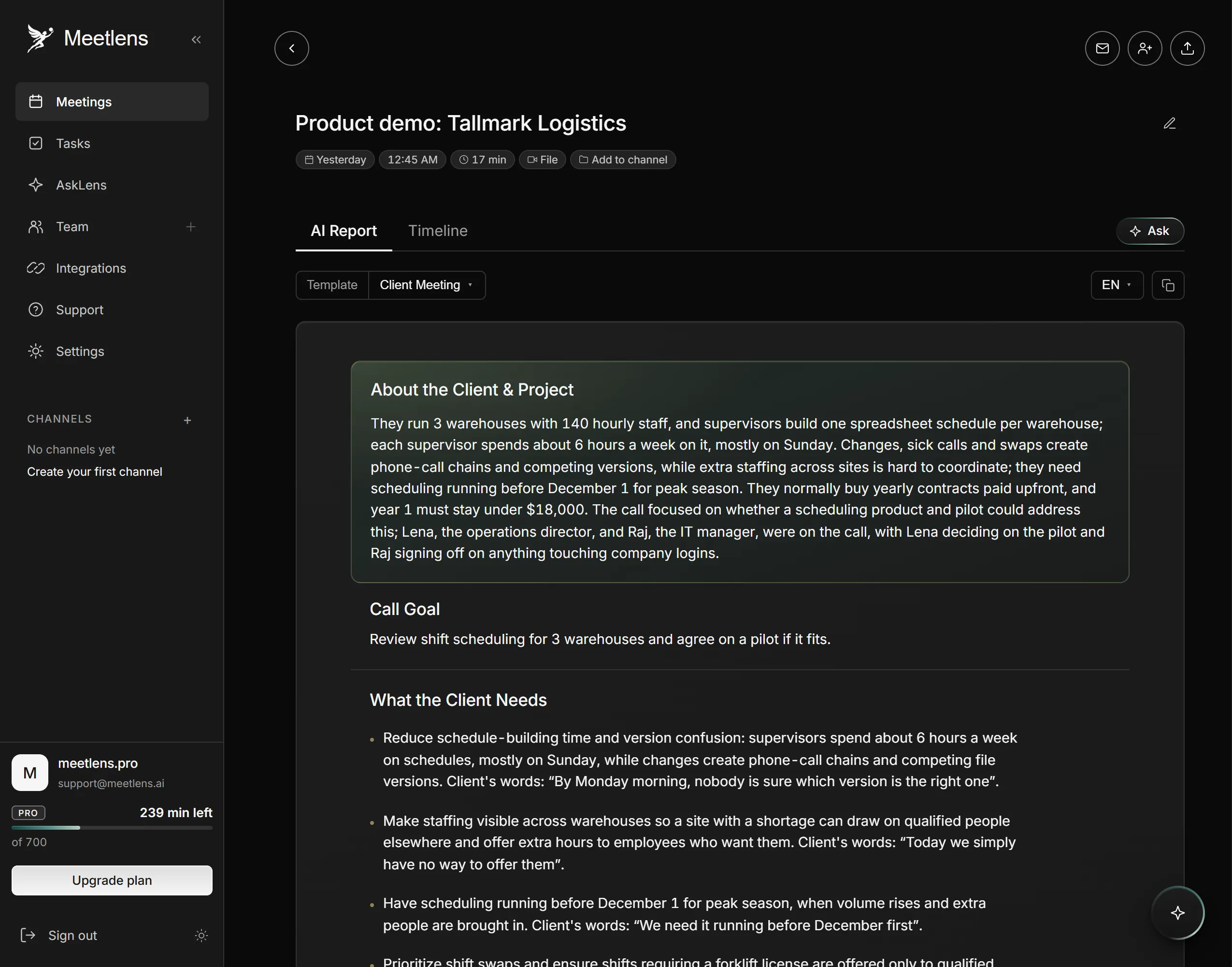 Meetlens Client Meeting report from the same demo conversation: client, call goal and needs