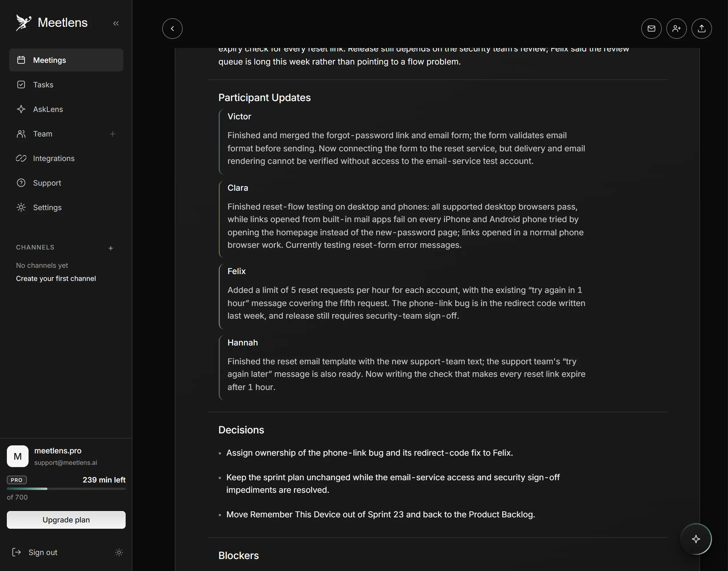 Meetlens report from a morning sprint check-in with an update for each speaker