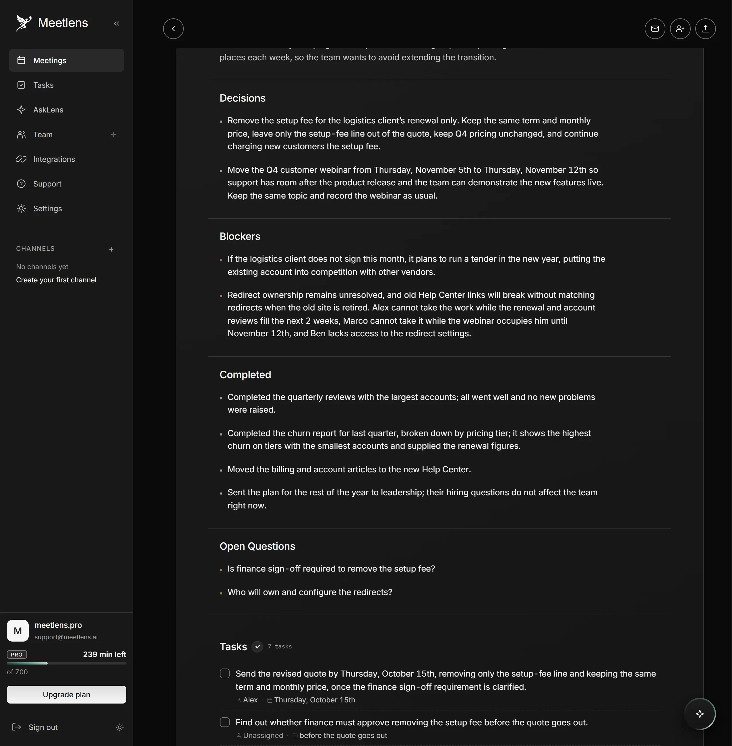 Finished call summary with decisions, open questions and task owners