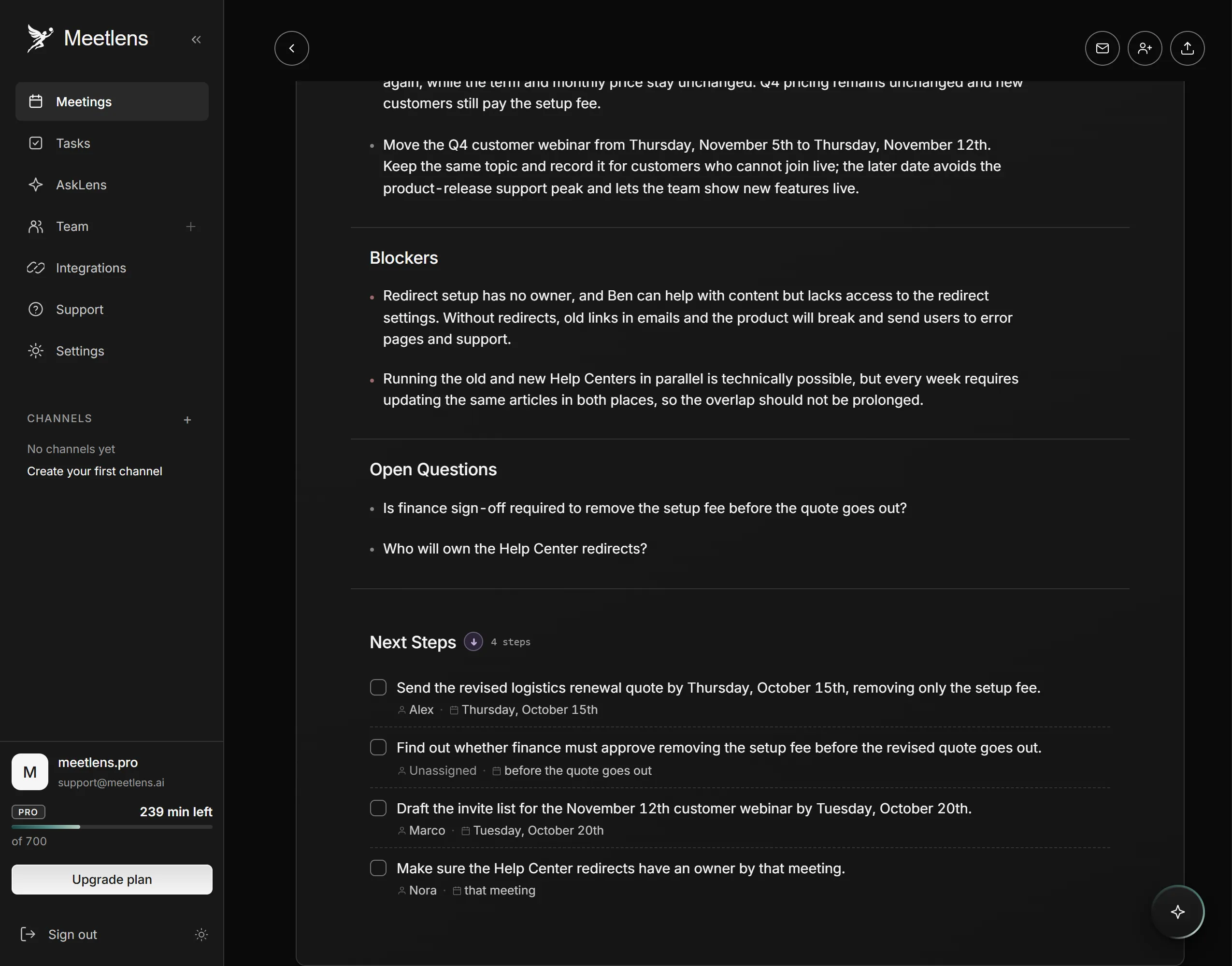 Team Sync report with decisions, blockers and next steps from the same call