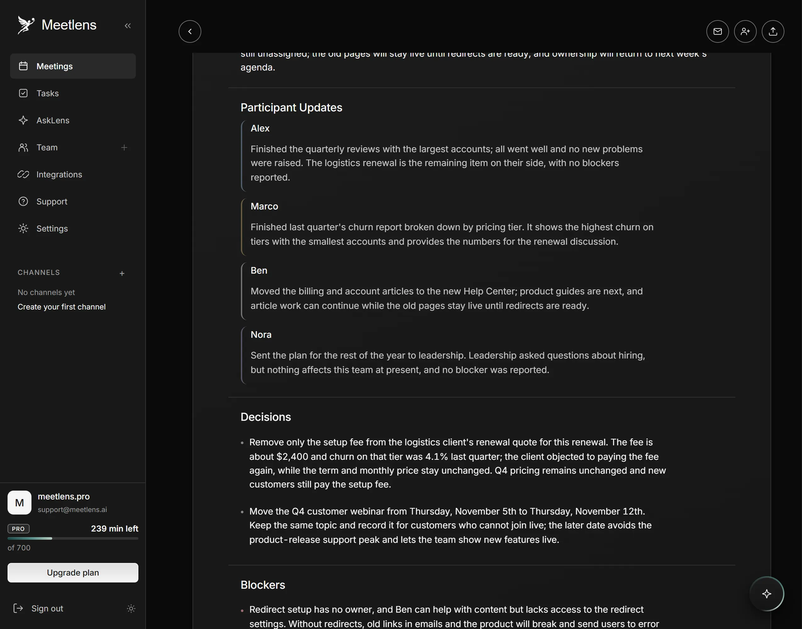 Team Sync report with per-speaker updates and blockers