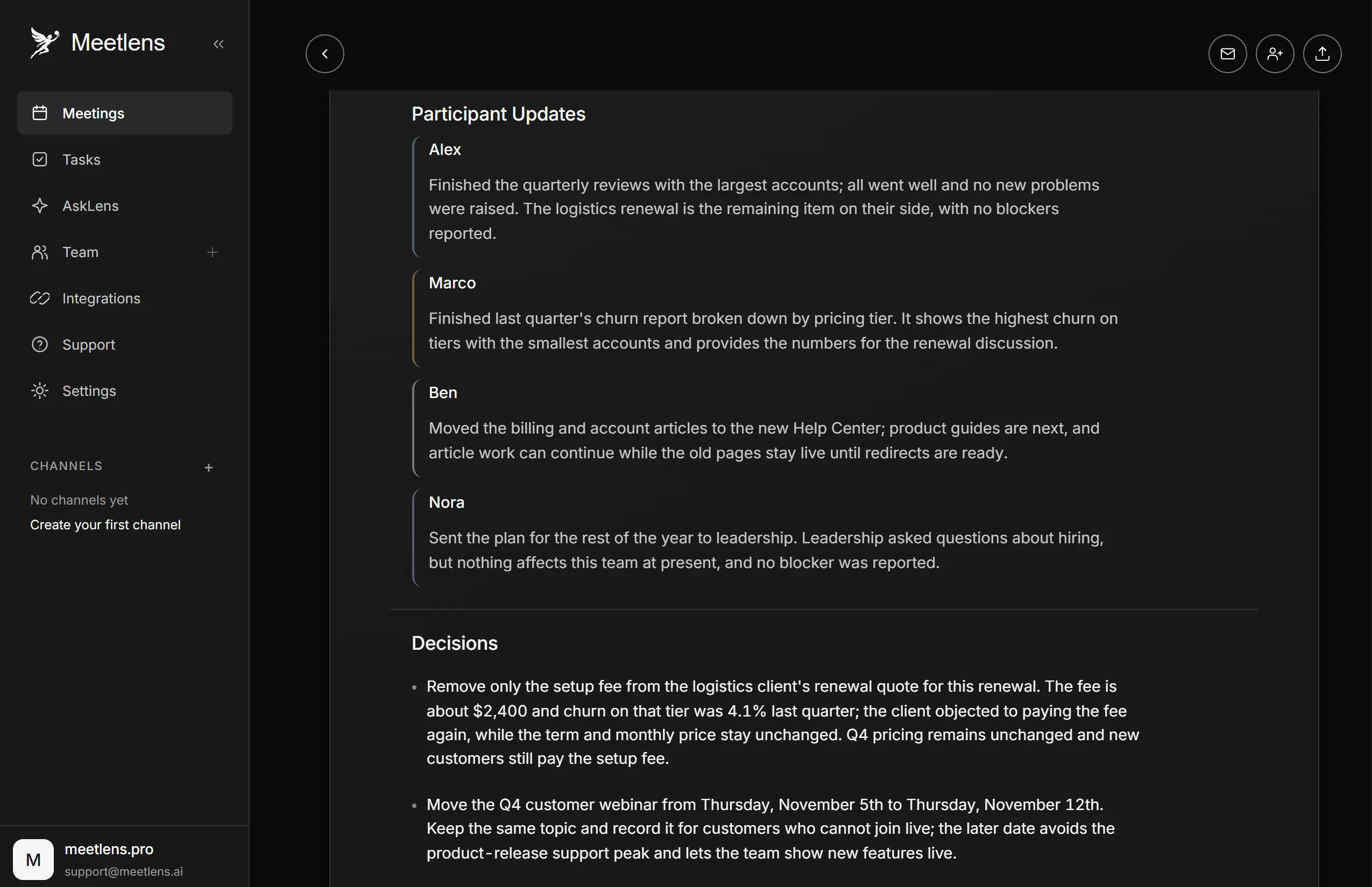 Participant updates and decisions in a Team Sync report