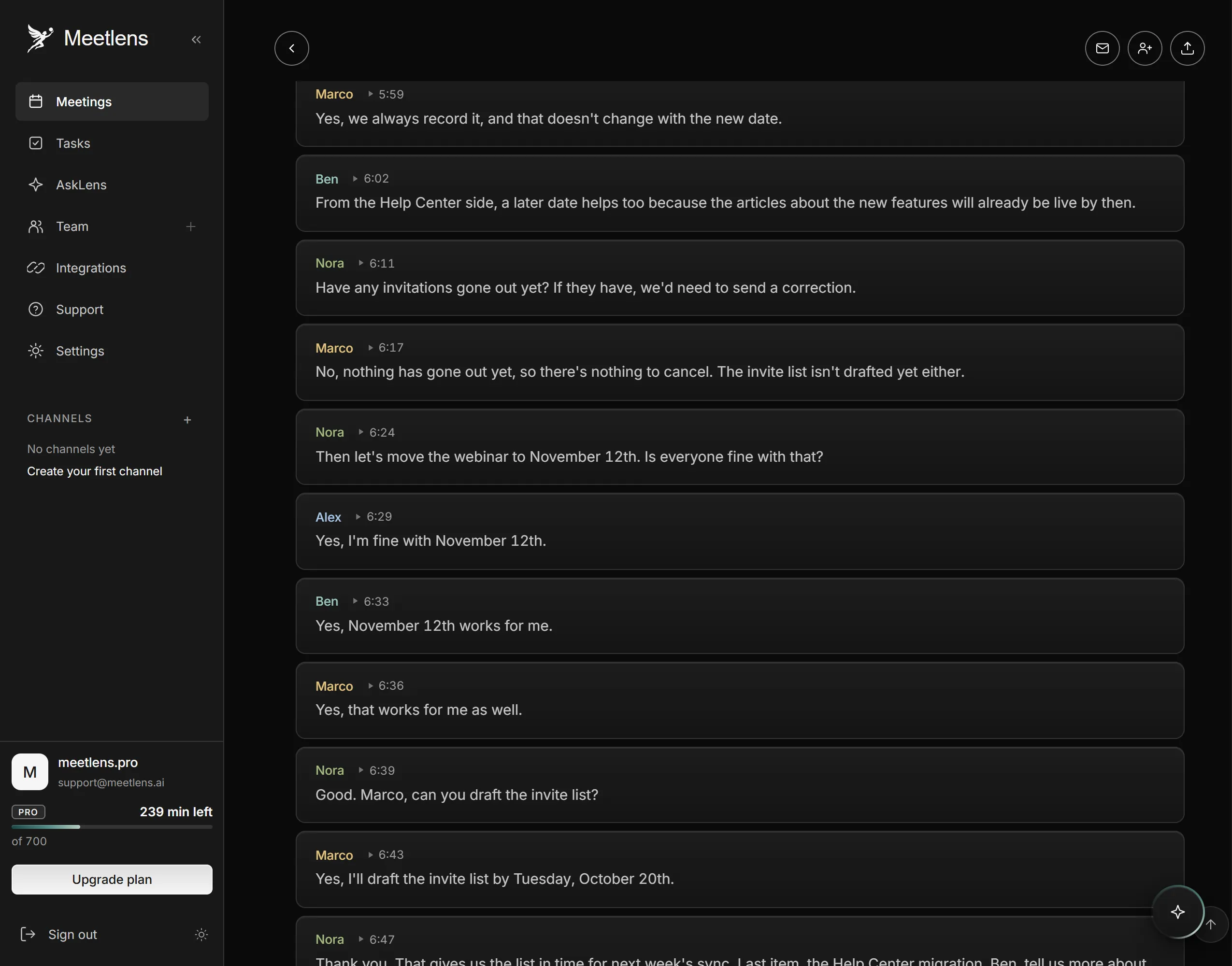 Four-person team sync excerpt with color-coded speakers in Meetlens