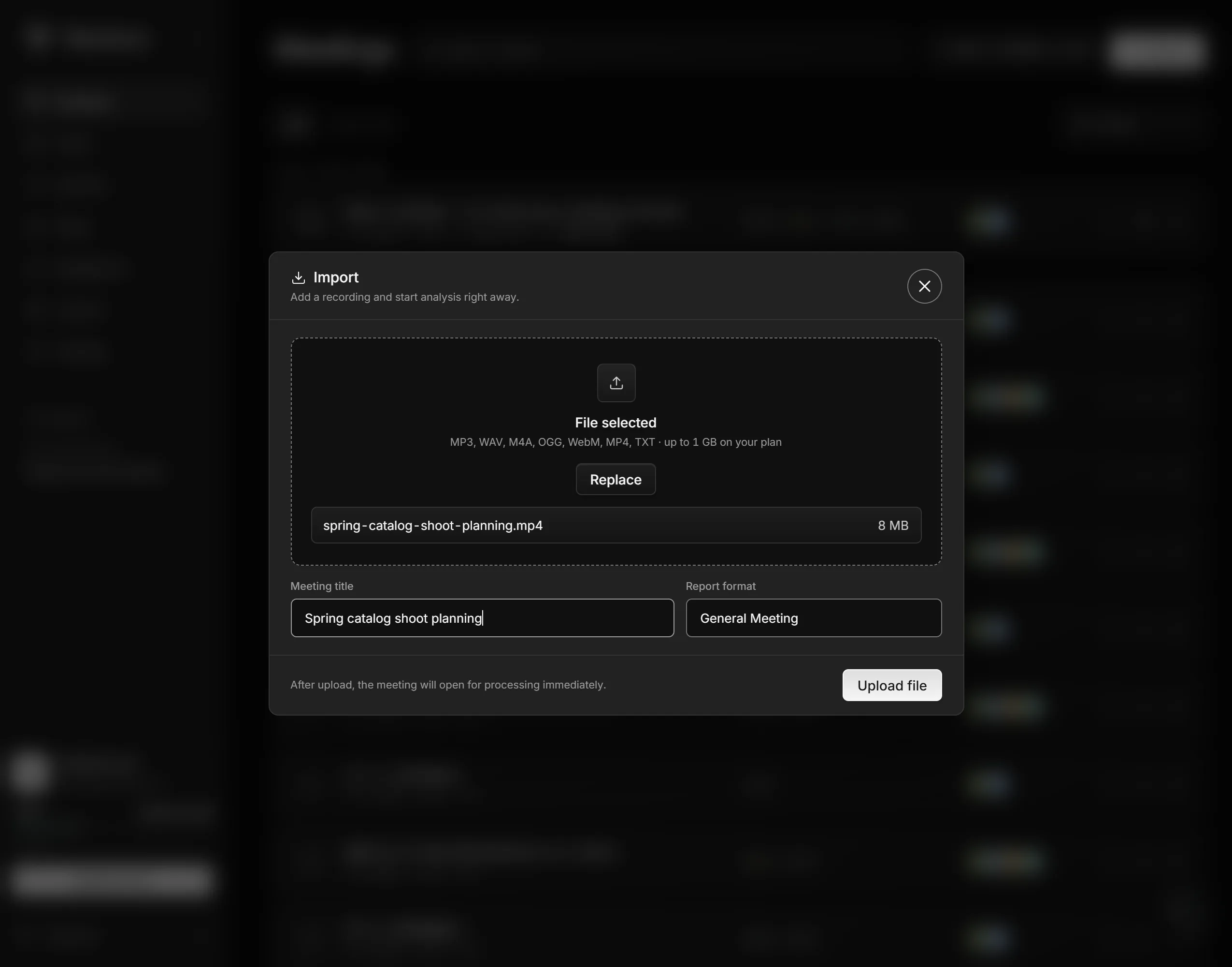 Import dialog with meeting title field and report format selector in Meetlens