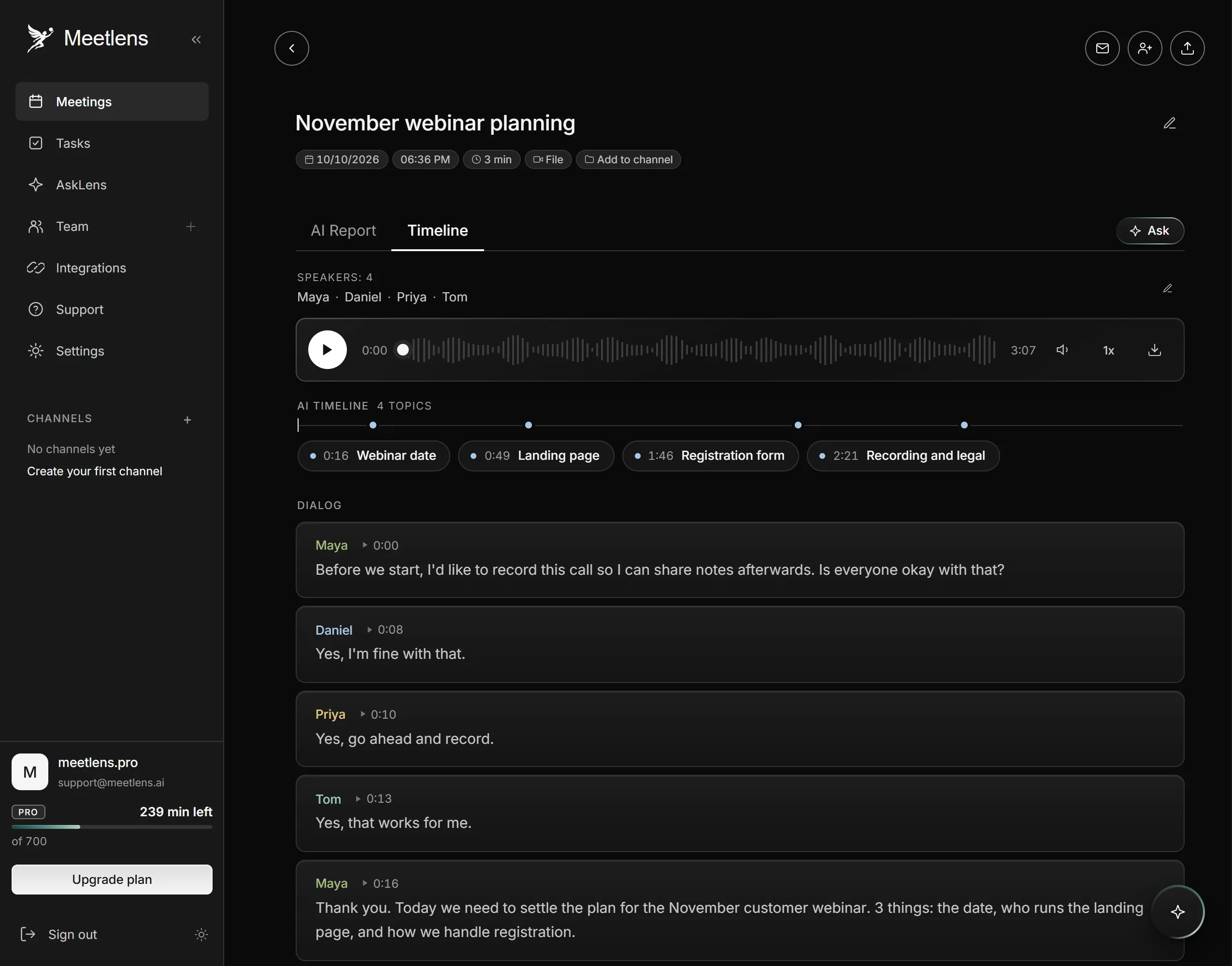 Meetlens meeting page with an AI timeline of topics and a transcript with speaker names and timestamps