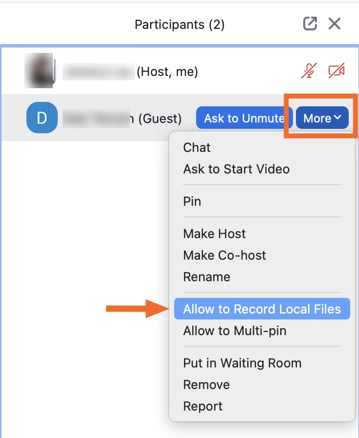 Zoom Participants panel: More menu next to a guest with Allow to Record Local Files highlighted