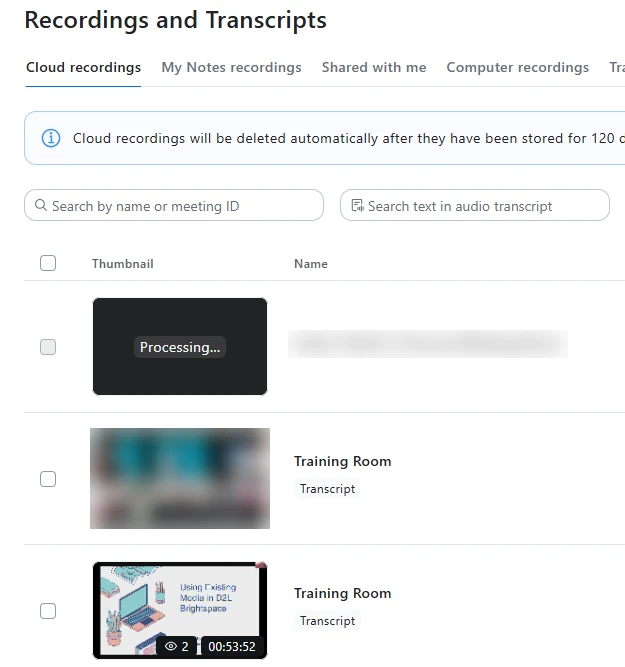 Zoom web portal Cloud recordings tab with a list of recordings